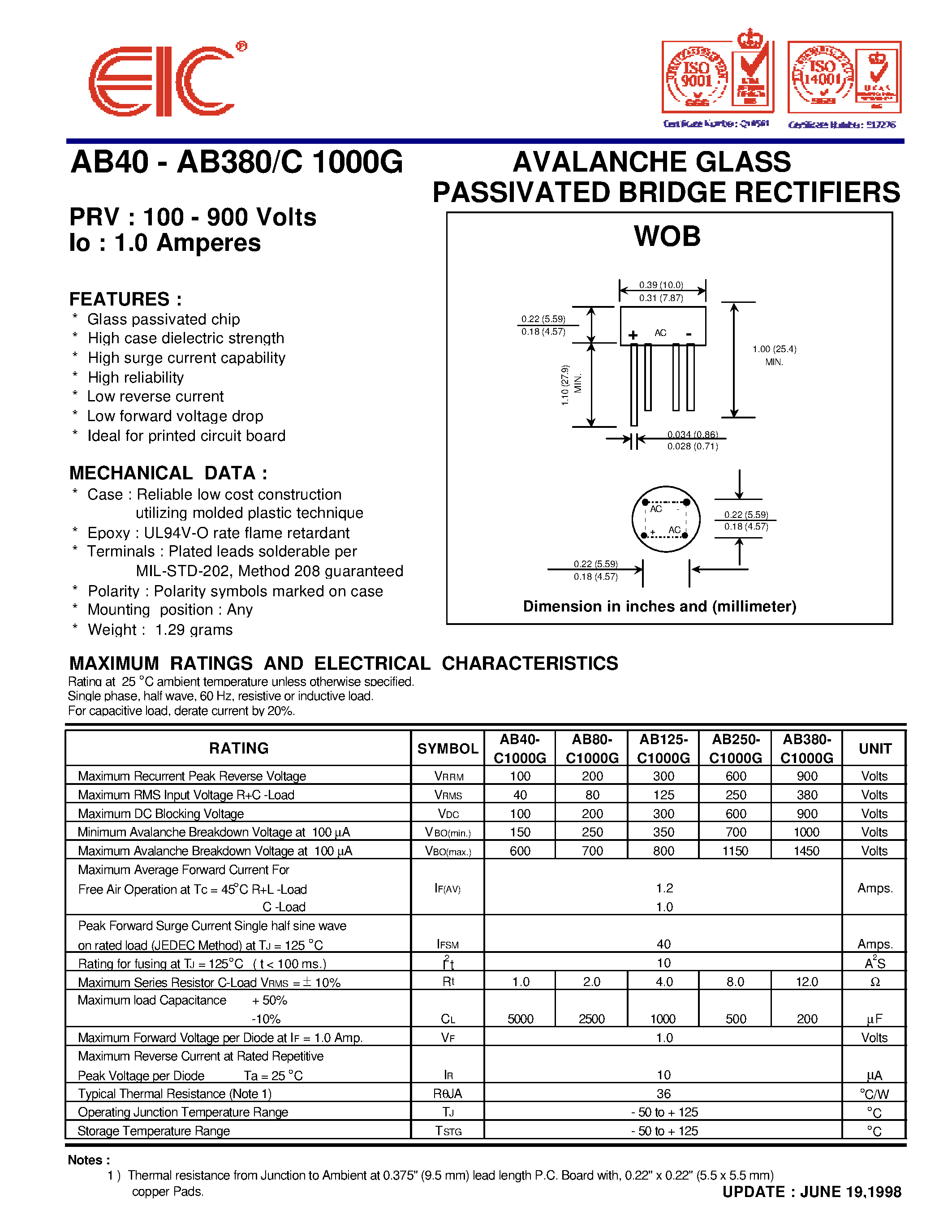 Datasheet AB80-C1000G - AVALANCHE GLASS PASSIVATED BRIDGE RECTIFIERS page 1