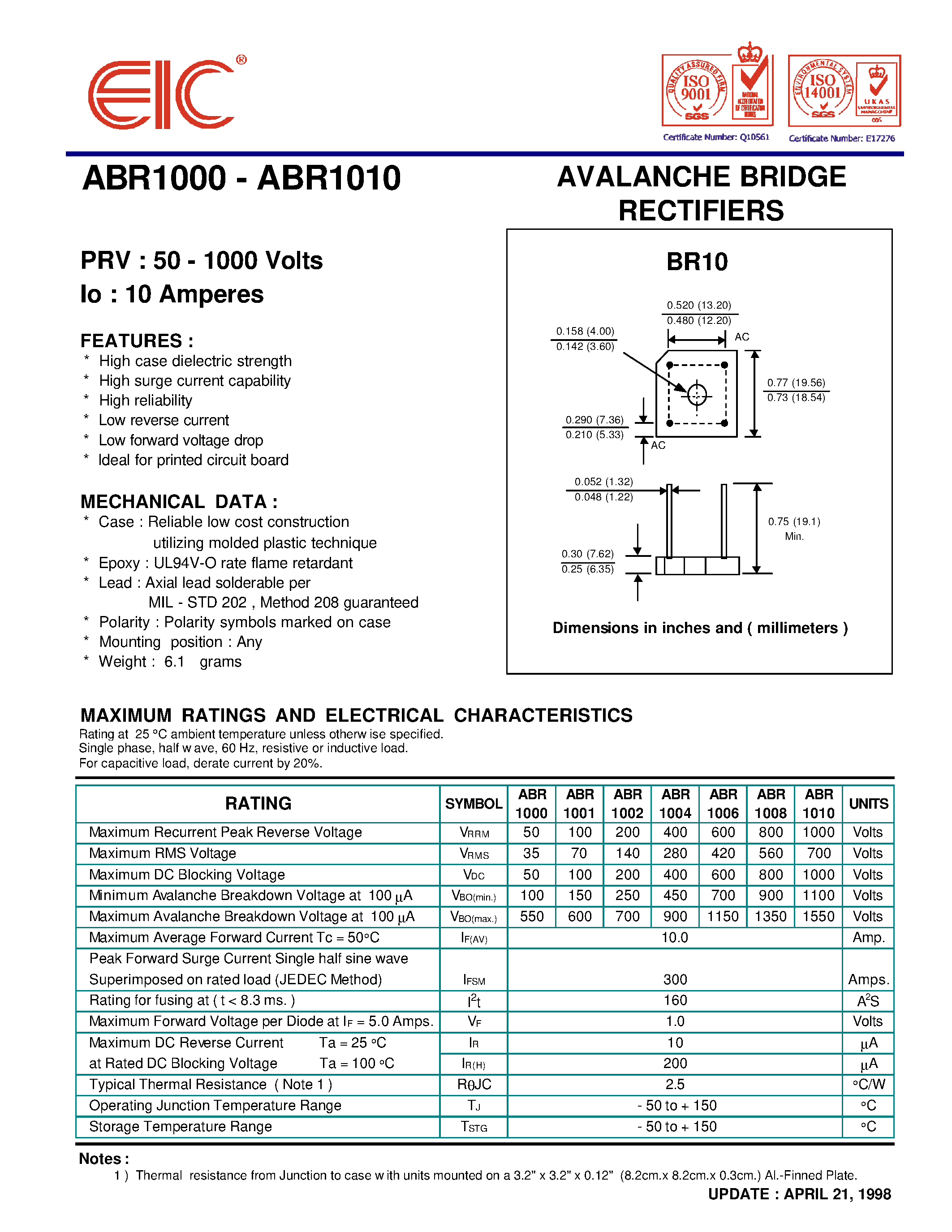Datasheet ABR1010 page 1 Datasheet ABR1010 - AVALANCHE BRIDGE RECTIFIERS page 1
