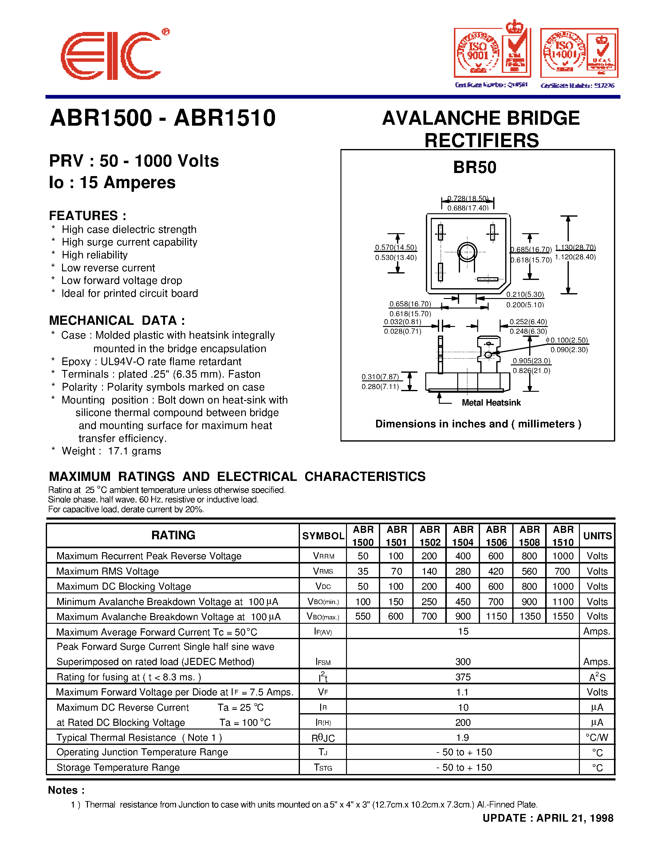 Datasheet ABR1508 page 1 Datasheet ABR1508 - AVALANCHE BRIDGE RECTIFIERS page 1