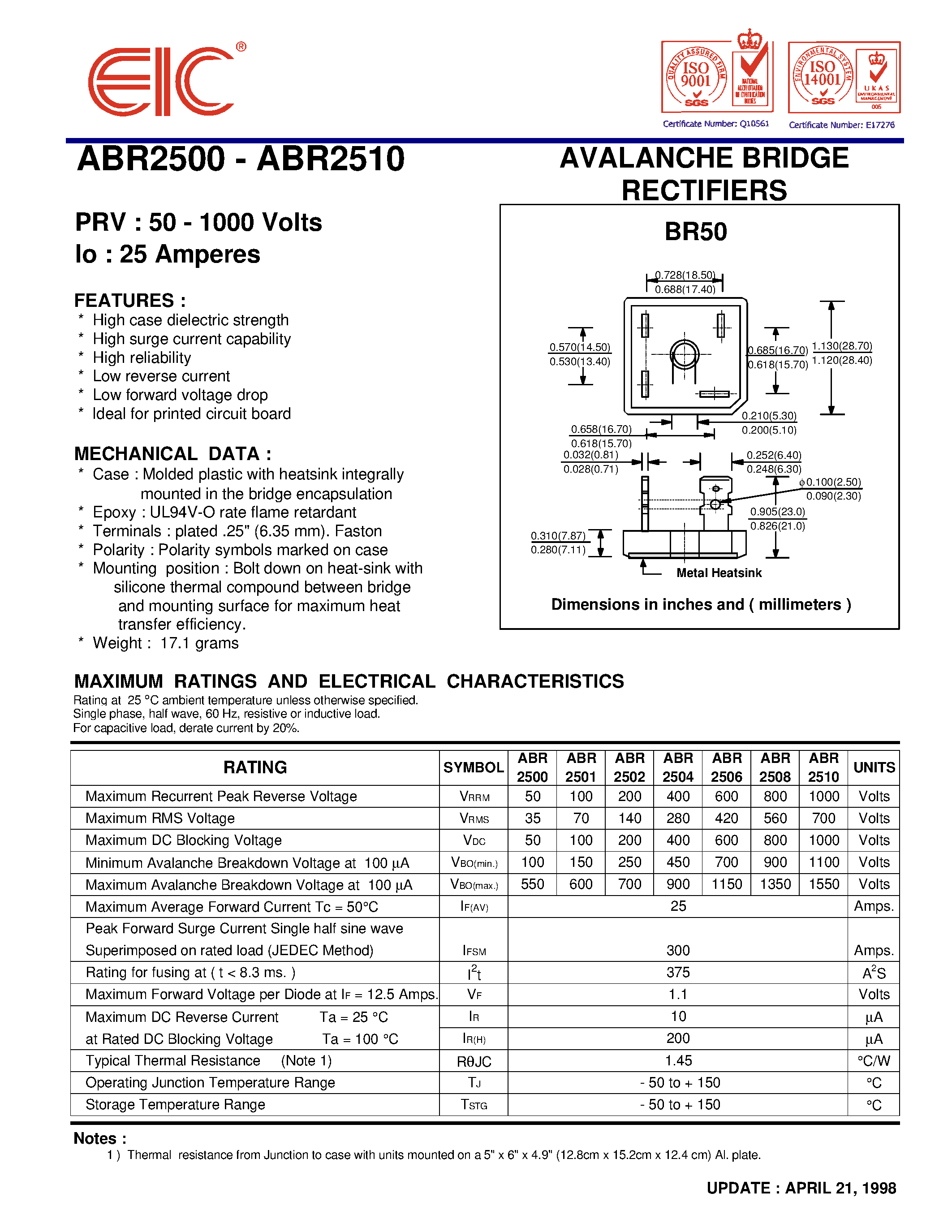 Datasheet ABR2506 page 1 Datasheet ABR2506 - AVALANCHE BRIDGE RECTIFIERS page 1