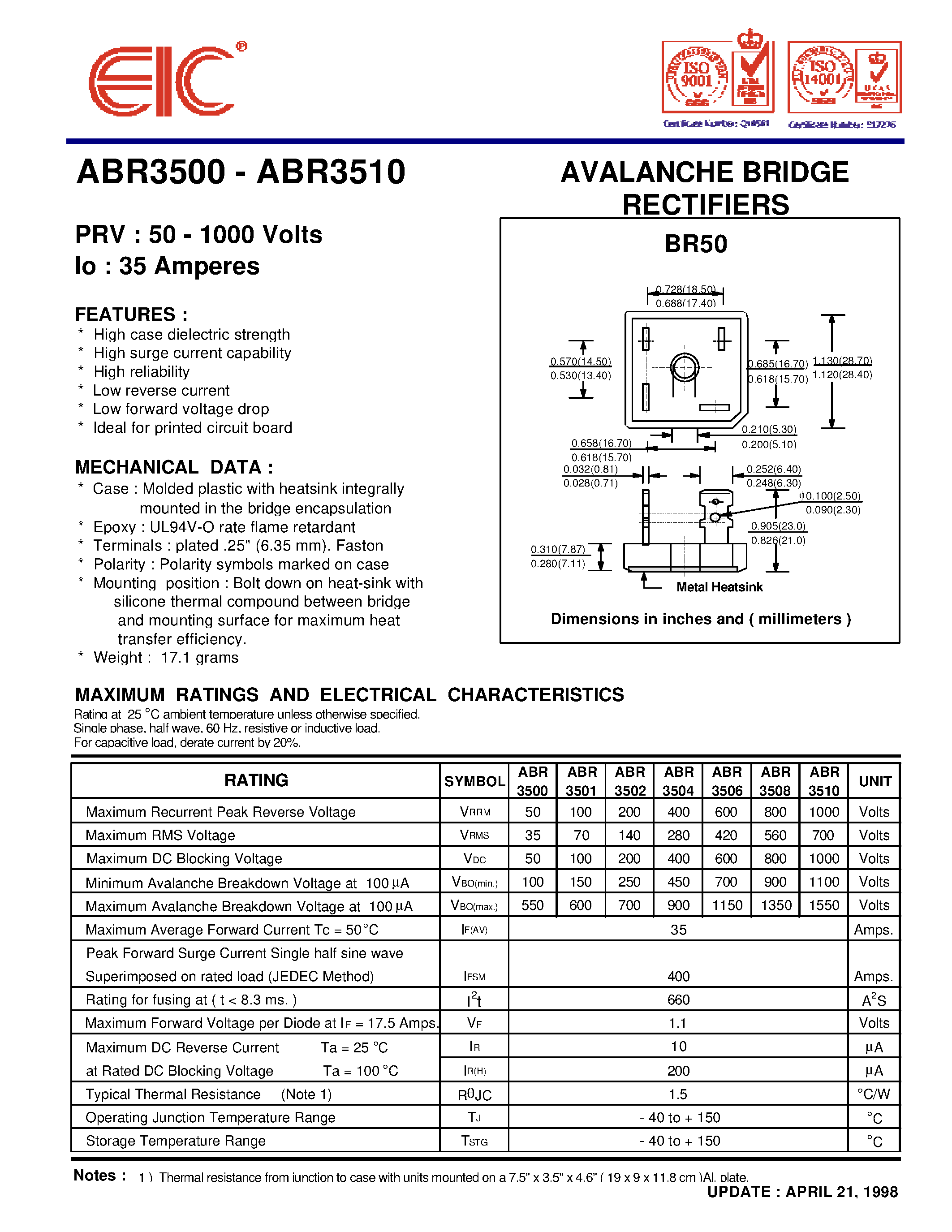 Datasheet ABR3506 page 1 Datasheet ABR3506 - AVALANCHE BRIDGE RECTIFIERS page 1