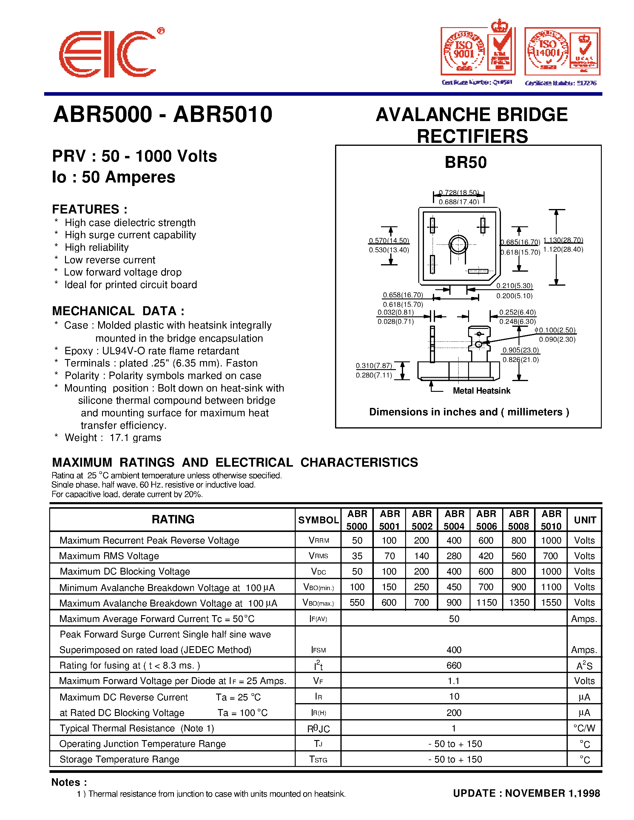 Datasheet ABR5010 page 1 Datasheet ABR5010 - AVALANCHE BRIDGE RECTIFIERS page 1