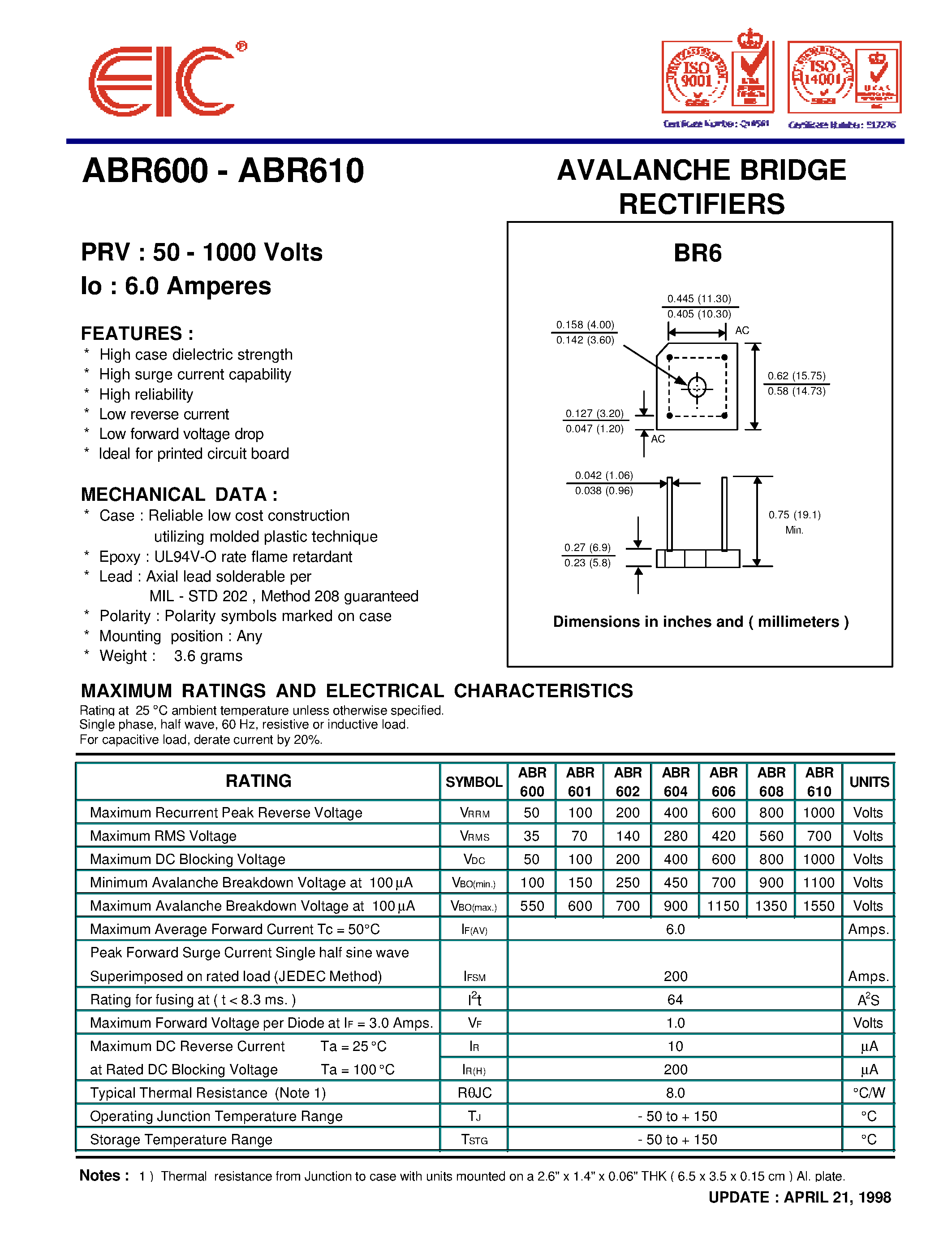 Datasheet ABR601 page 1 Datasheet ABR601 - AVALANCHE BRIDGE RECTIFIERS page 1