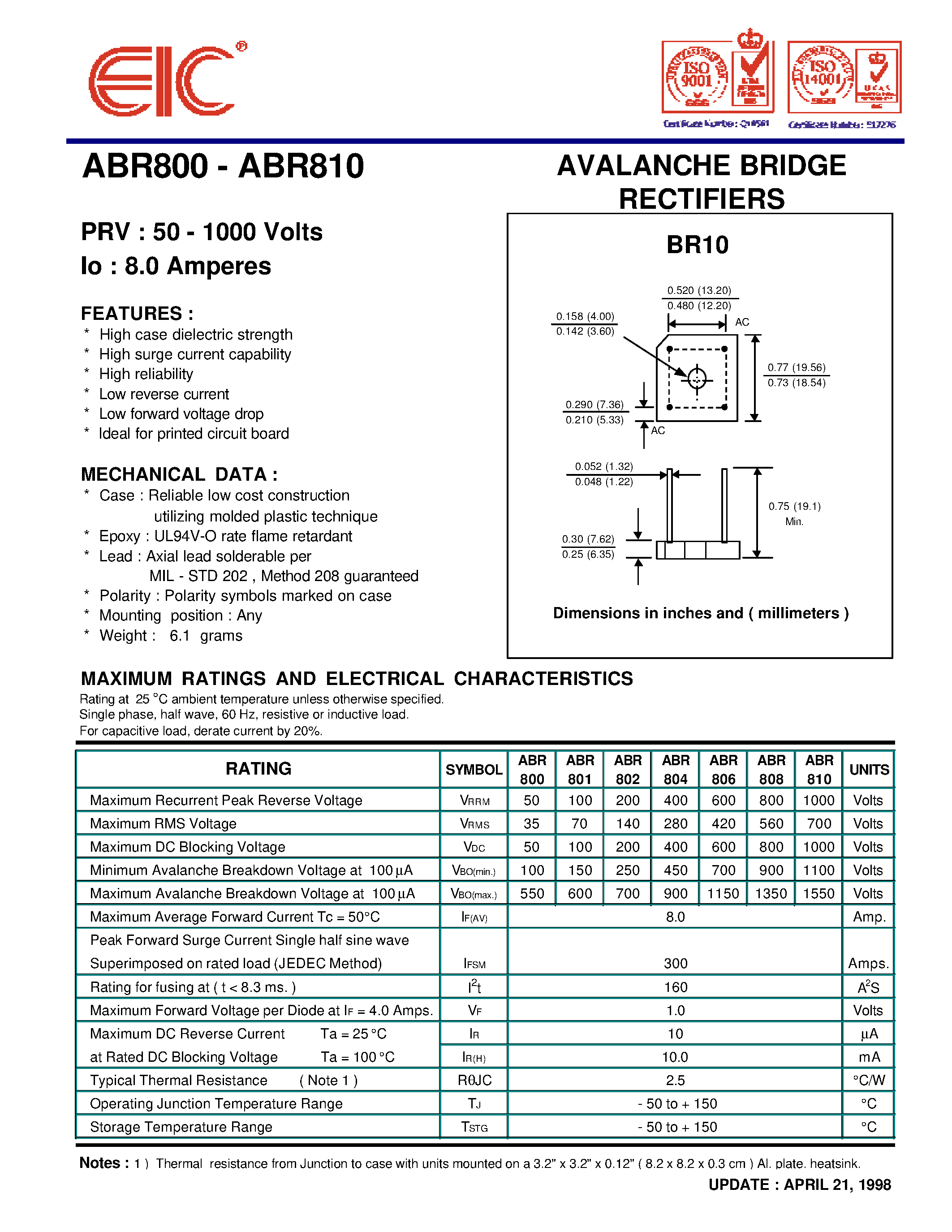 Datasheet ABR800 page 1 Datasheet ABR800 - AVALANCHE BRIDGE RECTIFIERS page 1