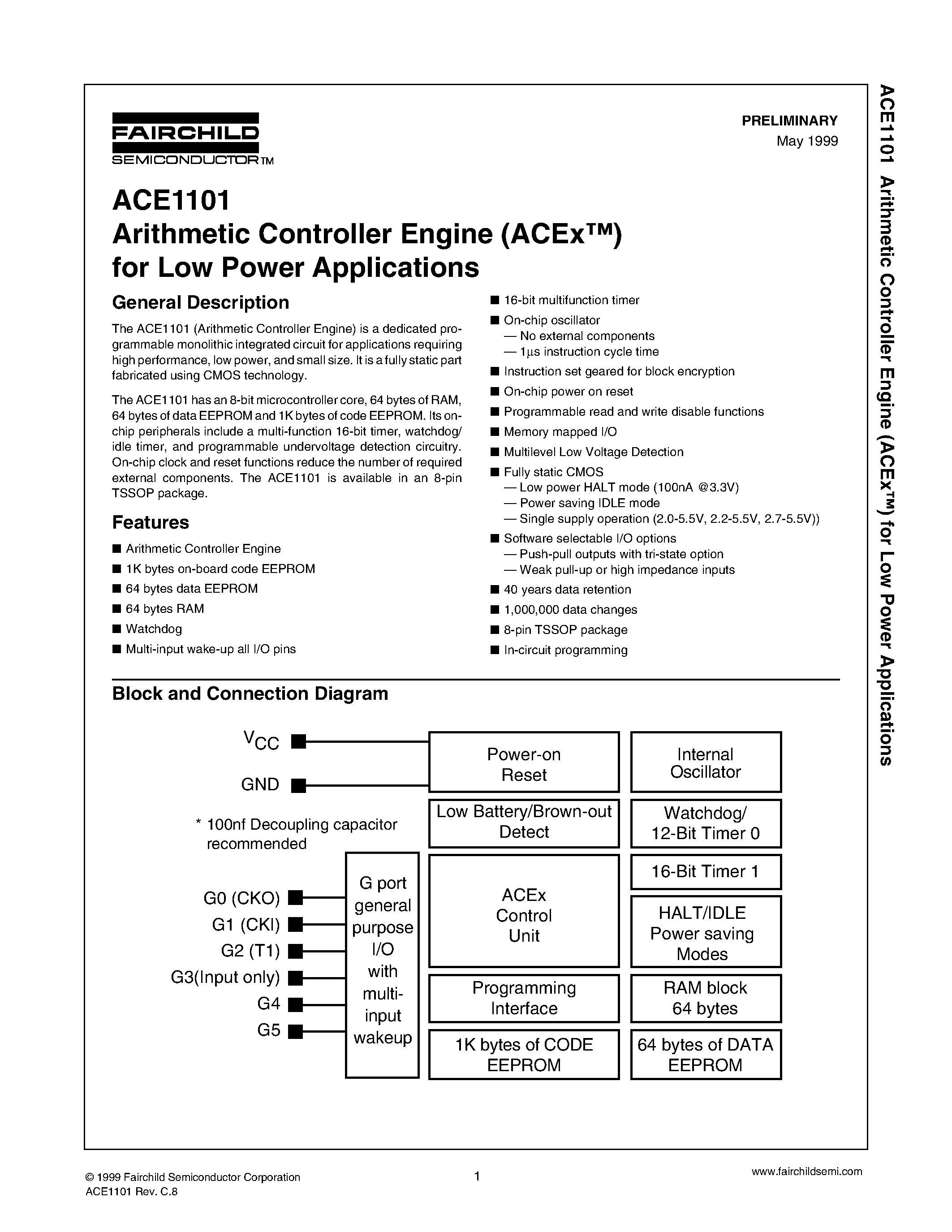 Даташит на микросхему ACE1101EMT8X страница 1 Даташит ACE1101EMT8X - Arithmetic Controller Engine (ACEx) for Low Power Applications страница 1