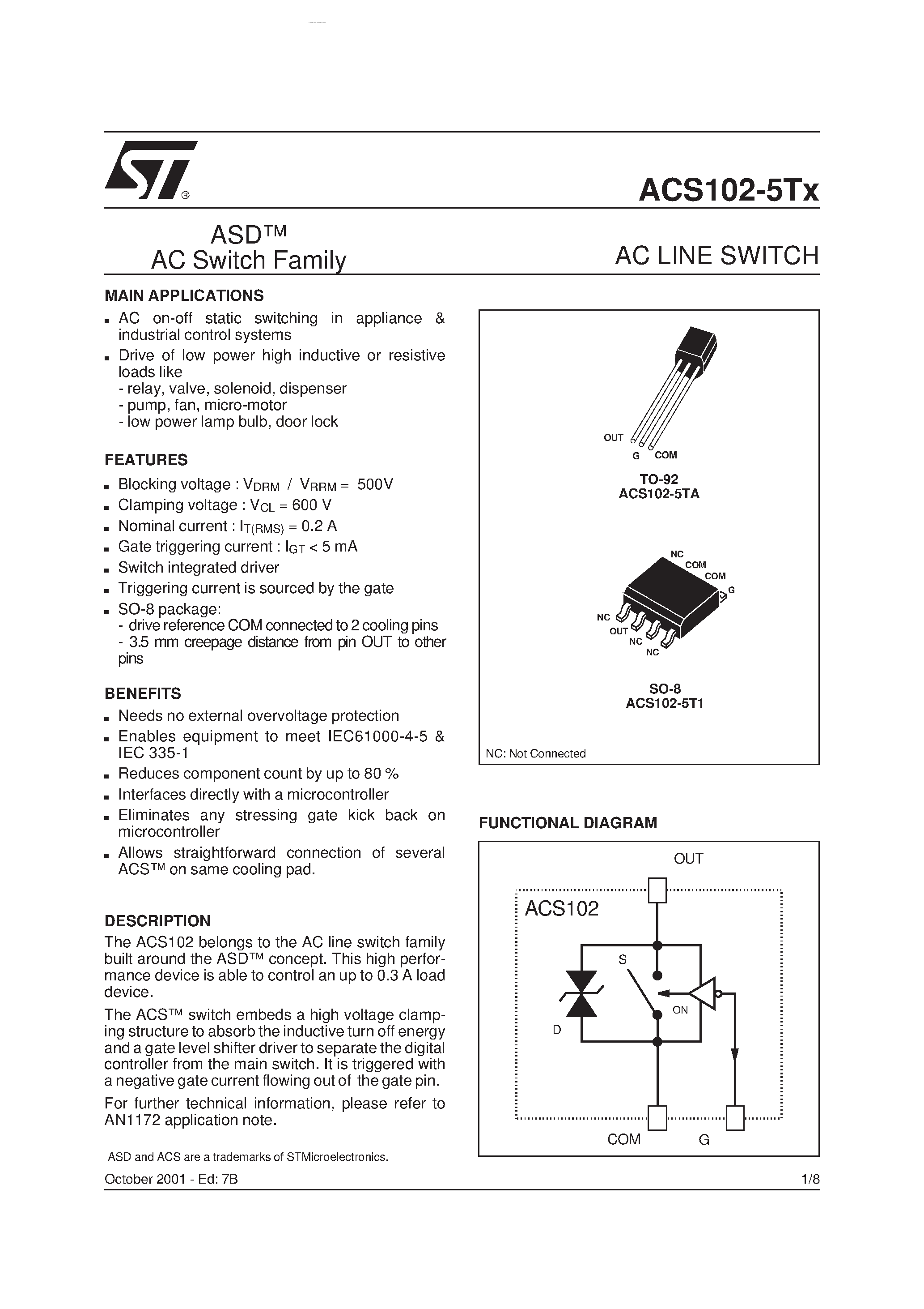 Даташит на микросхему ACS102-5T1 страница 1 Даташит ACS102-5T1 - AC LINE SWITCH страница 1