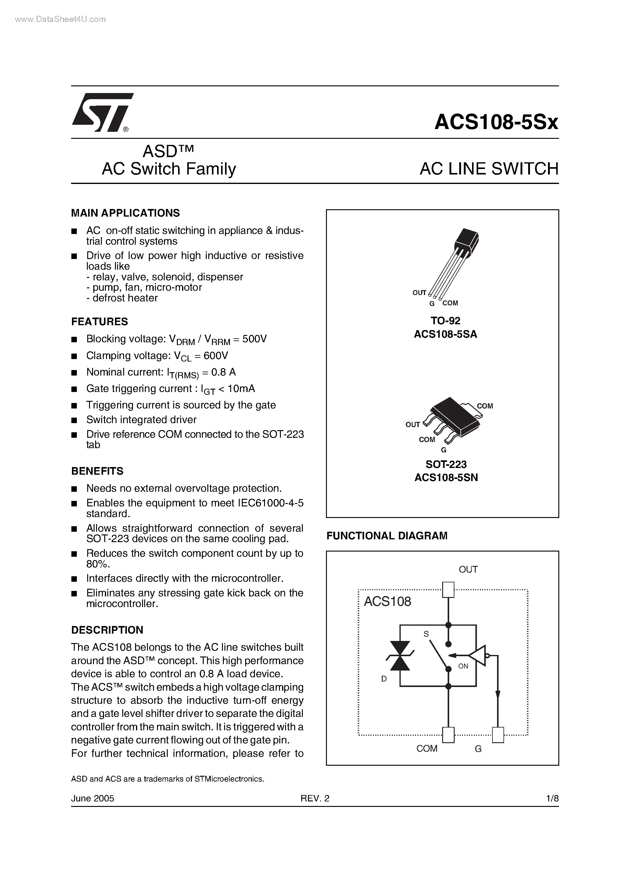 Даташит на микросхему ACS108-5SA страница 1 Даташит ACS108-5SA - AC LINE SWITCH страница 1