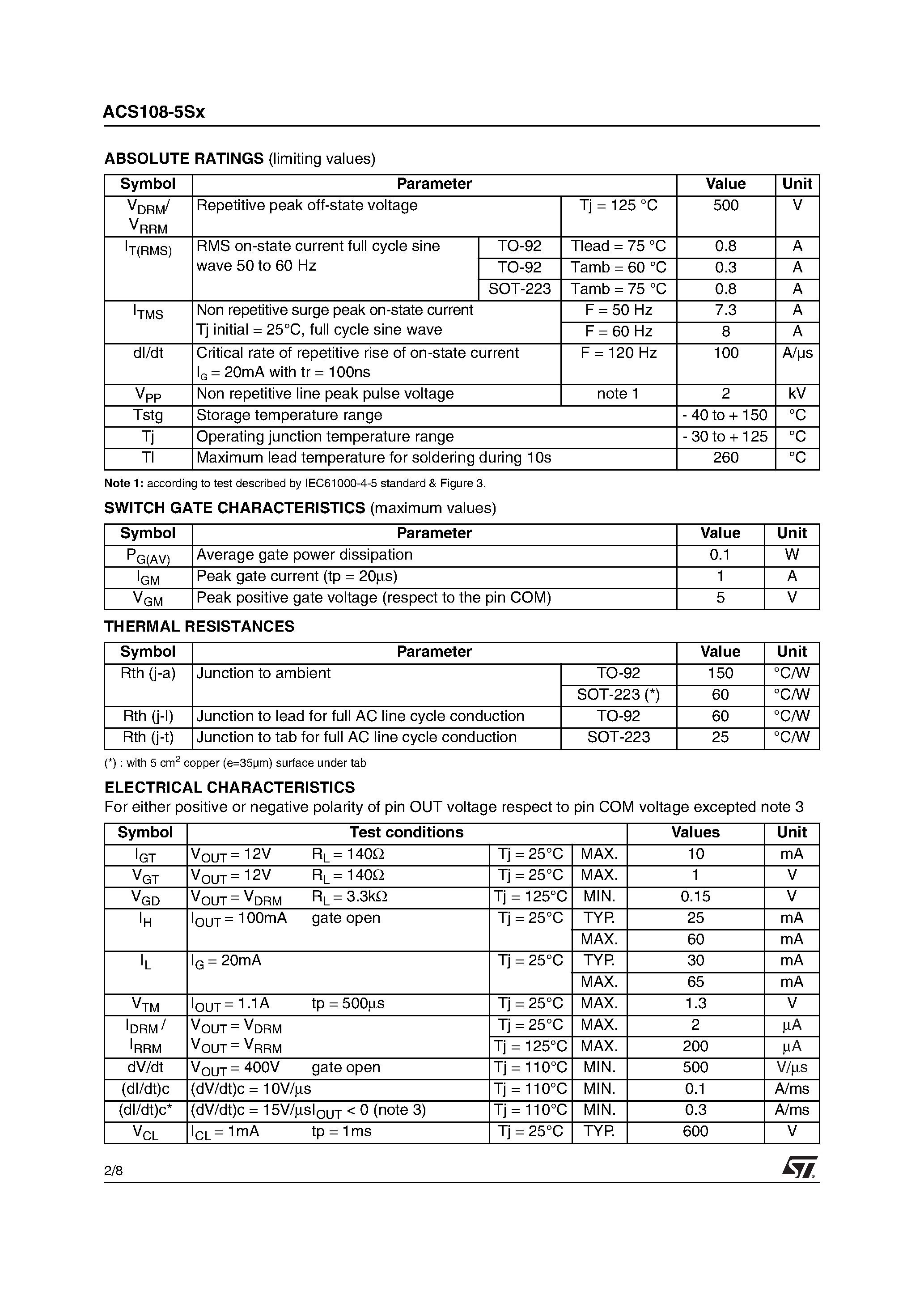 Даташит на микросхему ACS108-5SX страница 2 Даташит ACS108-5SX - AC LINE SWITCH страница 2