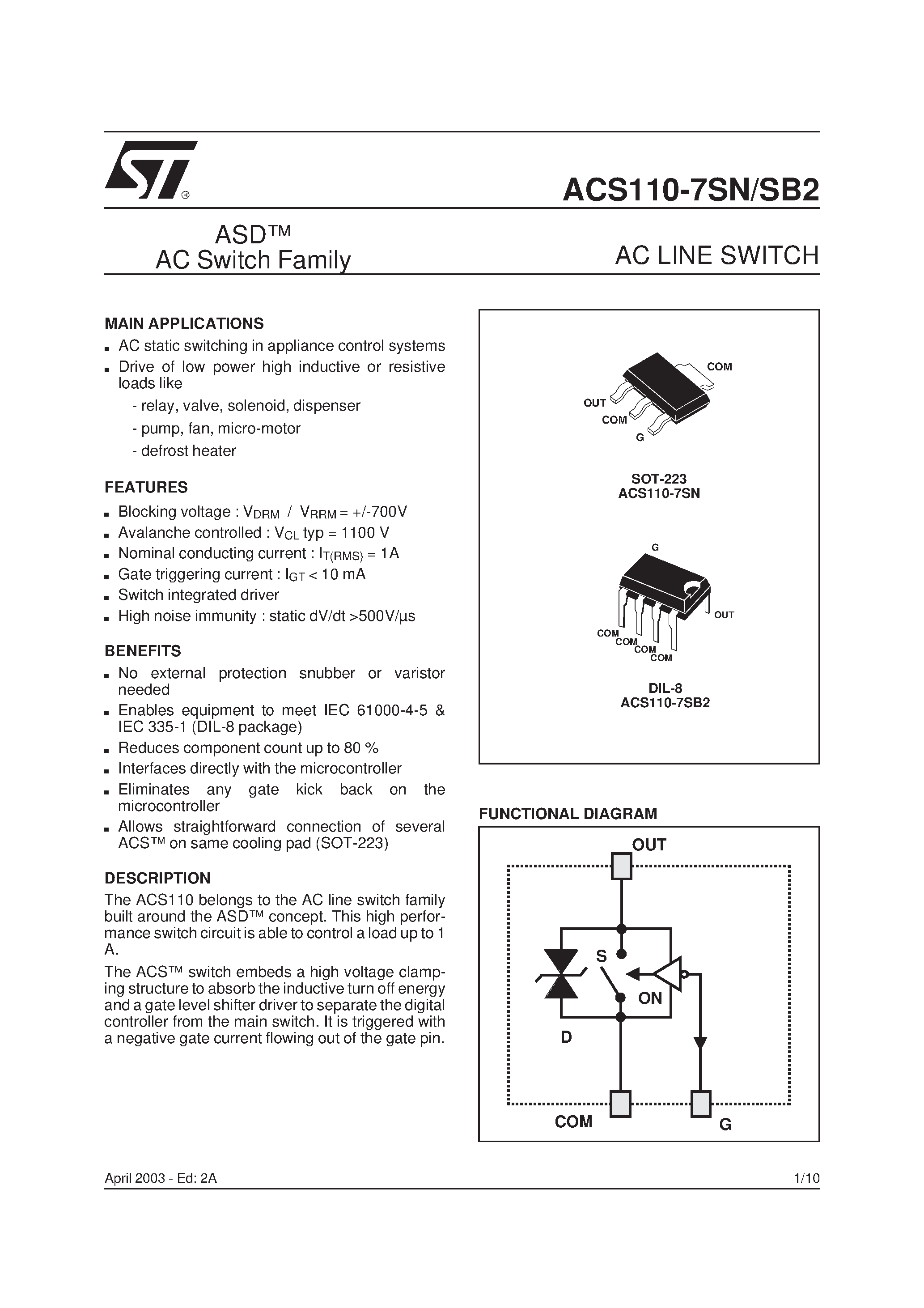 Даташит на микросхему ACS110-7SN страница 1 Даташит ACS110-7SN - AC LINE SWITCH страница 1