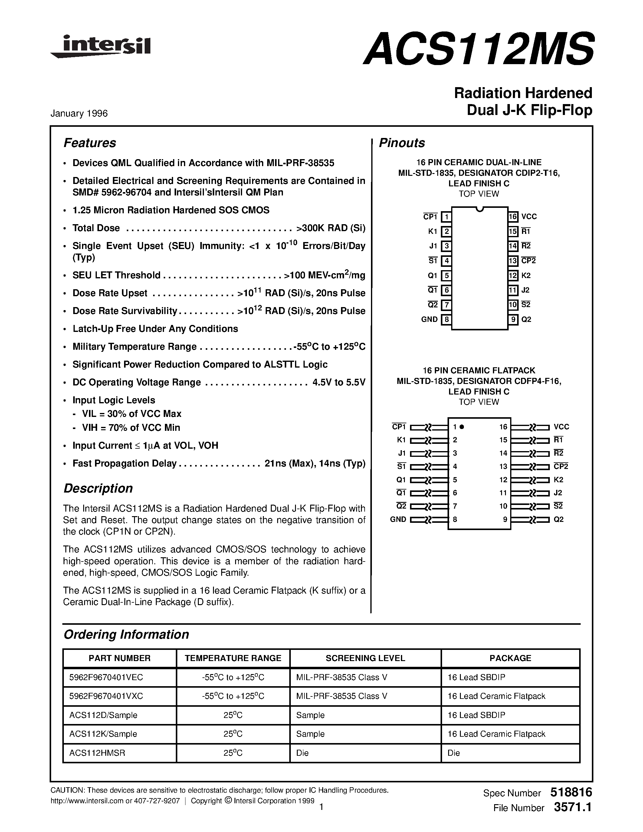 Datasheet ACS112D page 1 Datasheet ACS112D - Radiation Hardened Dual J-K Flip-Flop page 1