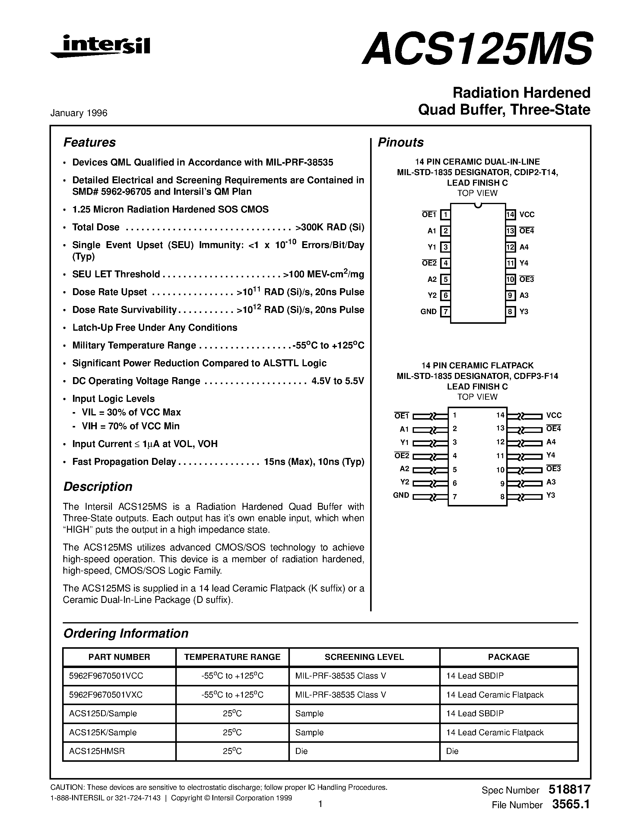 Datasheet ACS125HMSR page 1 Datasheet ACS125HMSR - Radiation Hardened Quad Buffer/ Three-State page 1