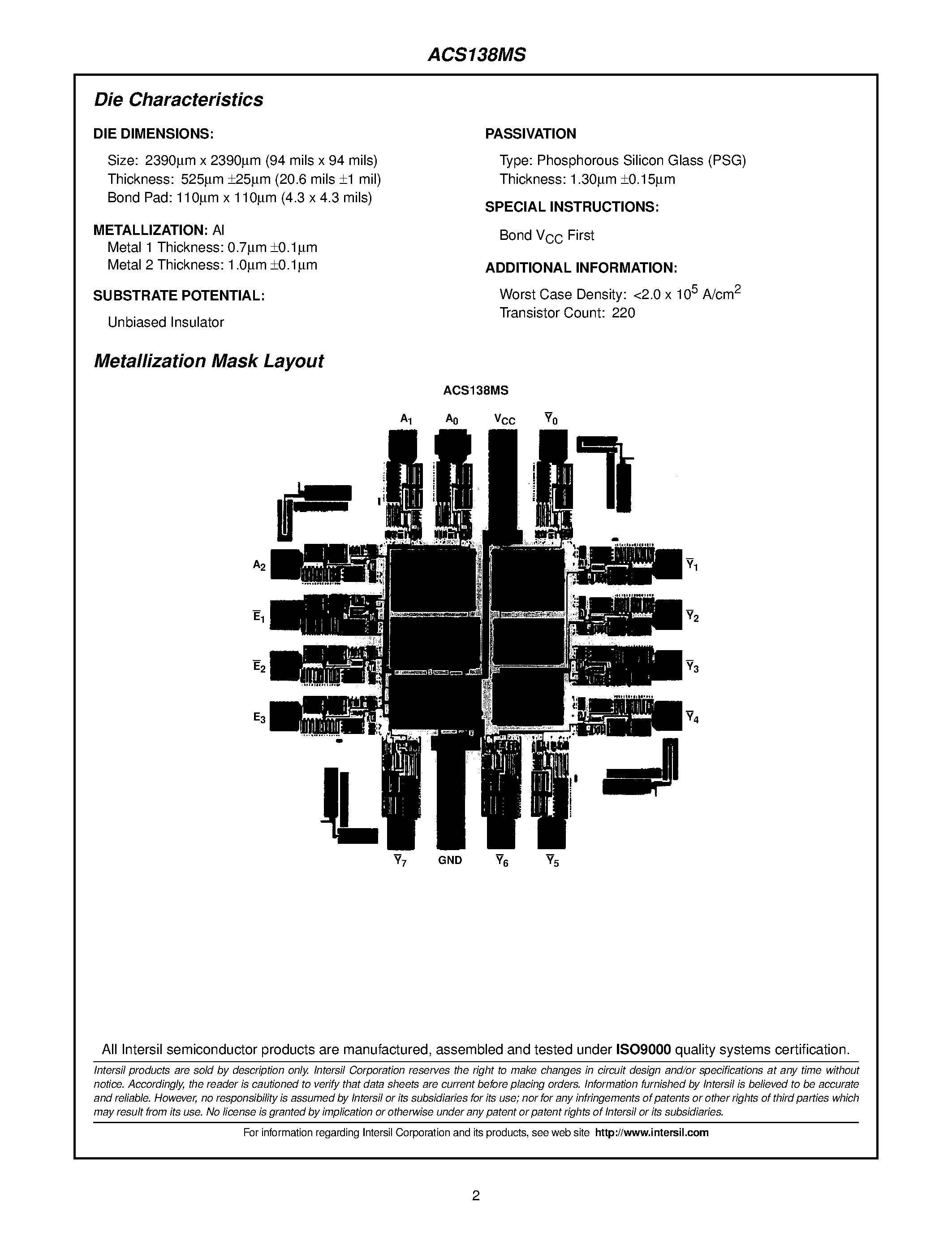 Datasheet ACS138MS - Radiation Hardened 3-to-8 Line Decoder/Demultiplexer page 2