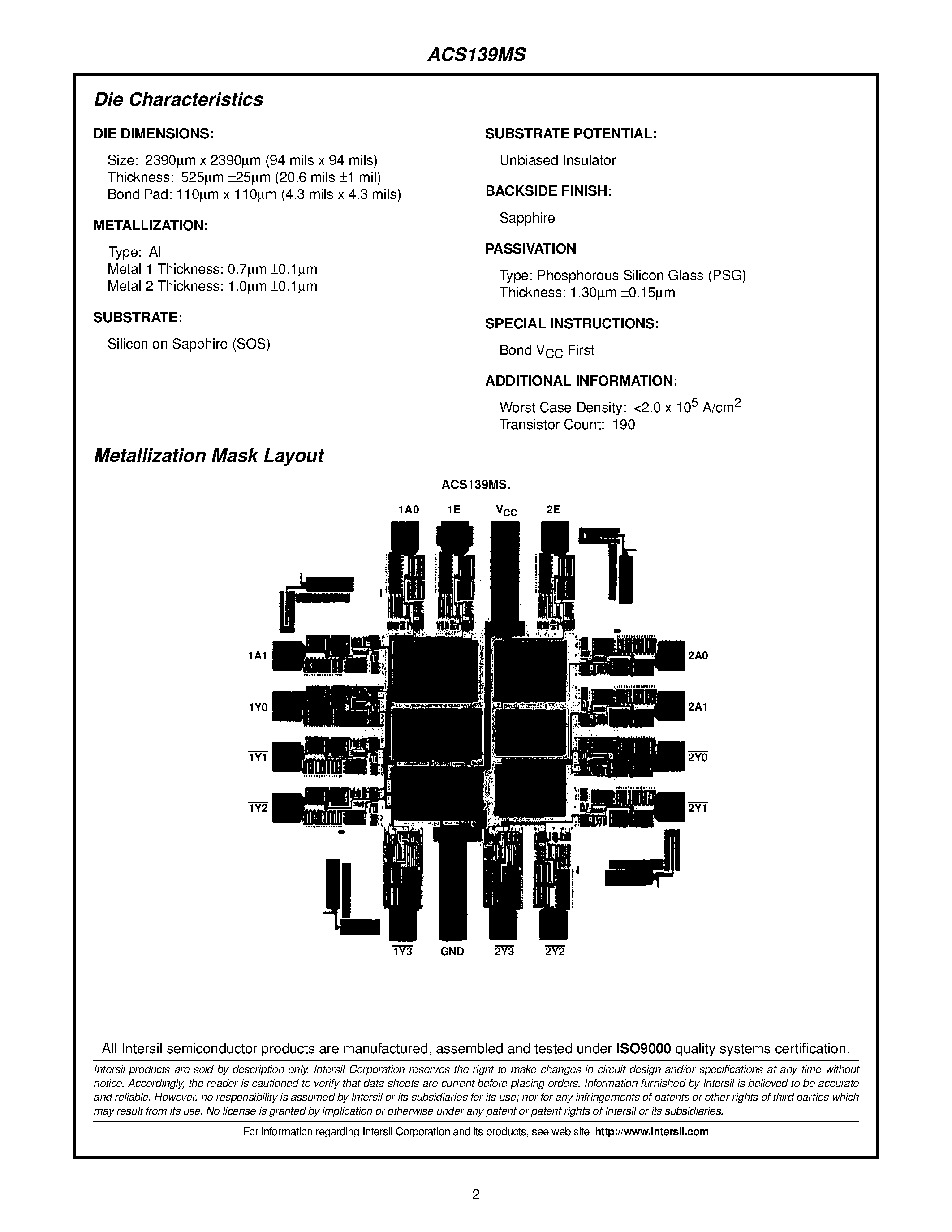 Datasheet ACS139MS - Radiation Hardened Dual 2-to-4 Line Decoder/Demultiplexer page 2