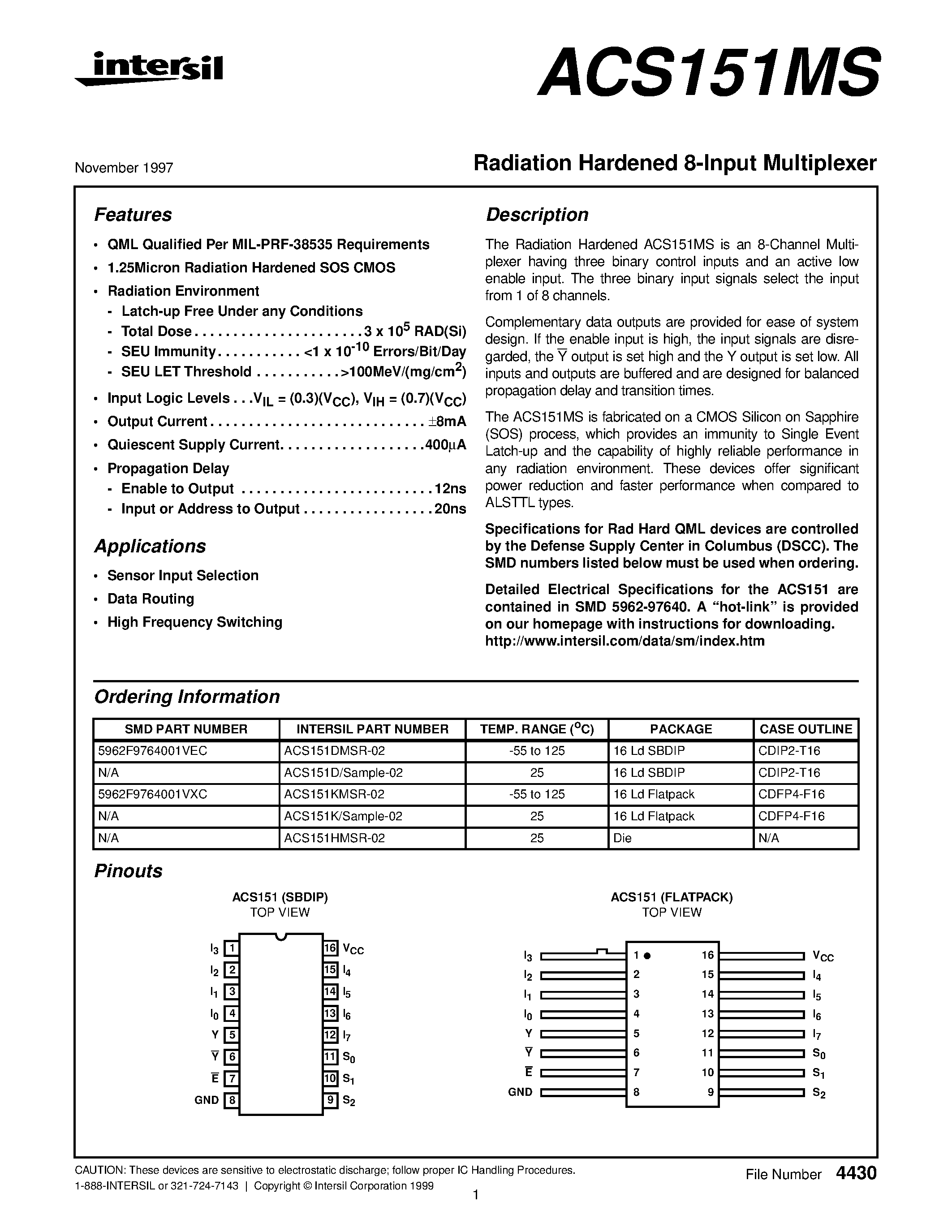 Даташит на микросхему ACS151D страница 1 Даташит ACS151D - Radiation Hardened 8-Input Multiplexer страница 1