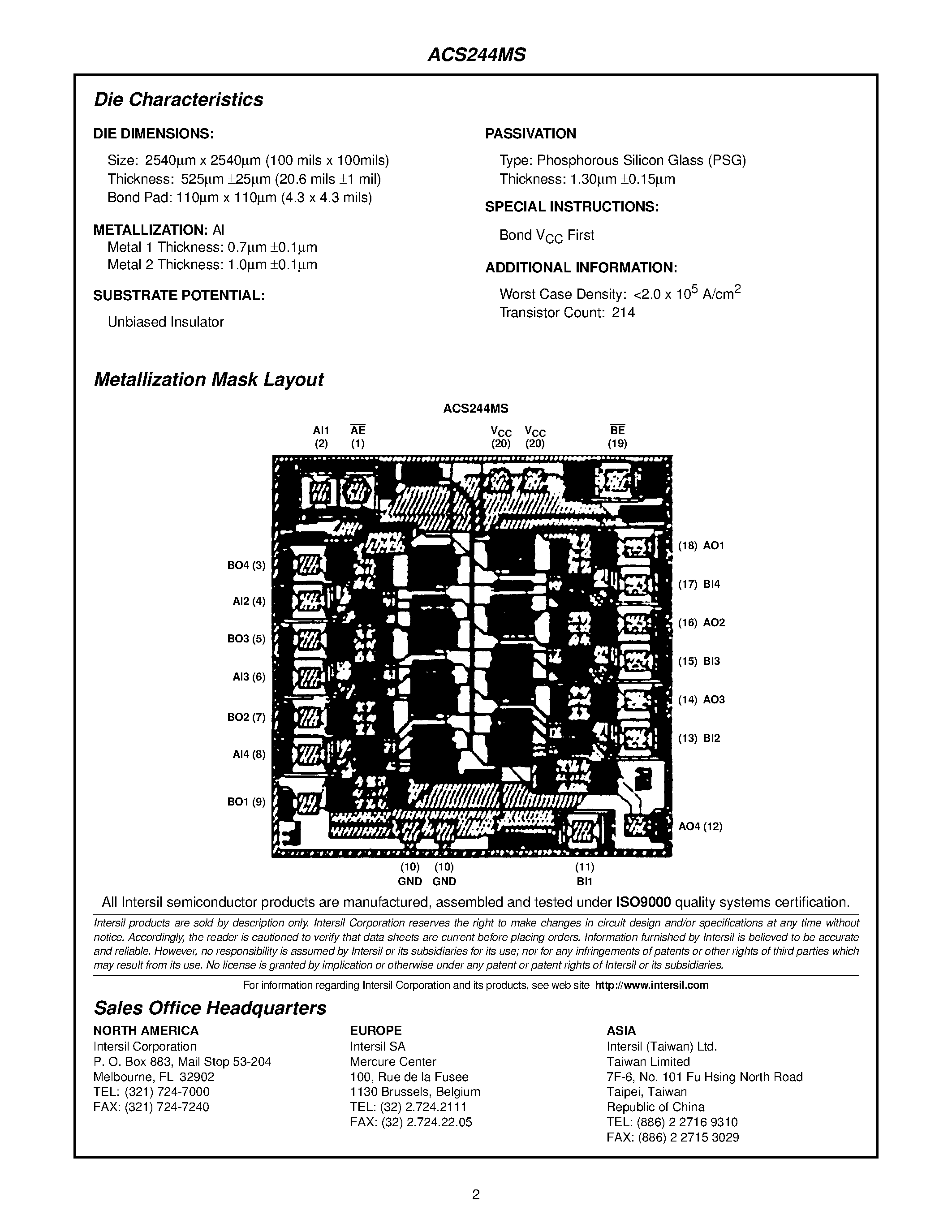 Datasheet ACS244HMSR-02 page 2 Datasheet ACS244HMSR-02 - Radiation Hardened Non-Inverting/ Octal/ Three-State Buffer/Line Driver page 2