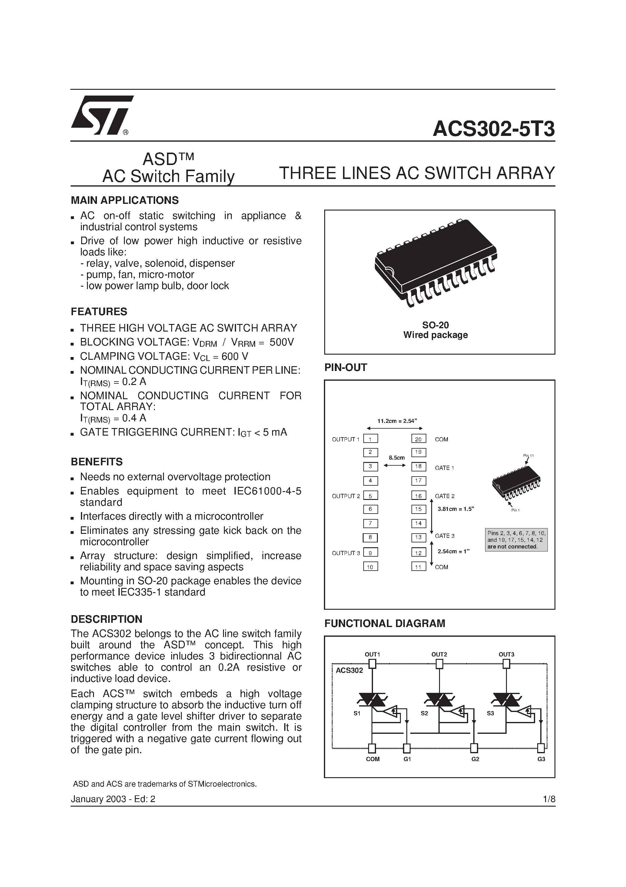 Даташит ACS302-5T3 - THREE LINES AC SWITCH ARRAY страница 1
