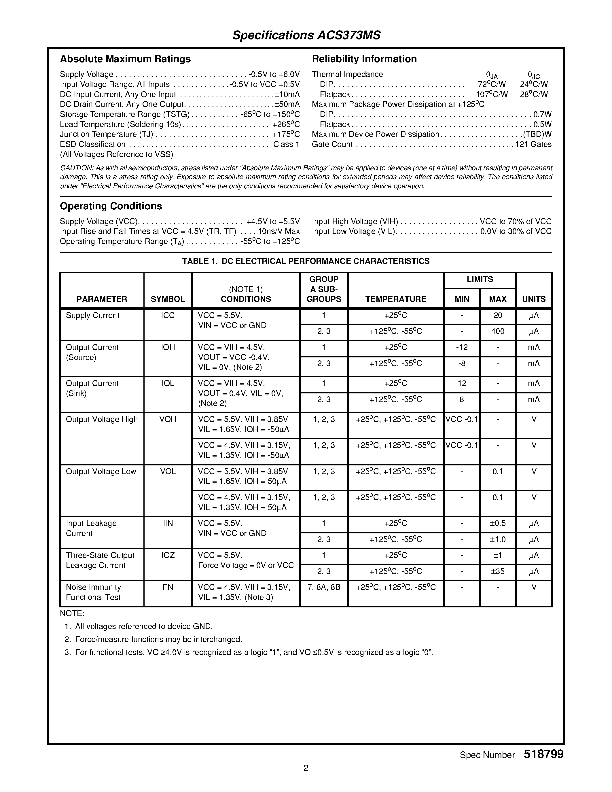 Datasheet ACS373DMSR page 2 Datasheet ACS373DMSR - Radiation Hardened Octal Transparent Latch/ Three-State page 2