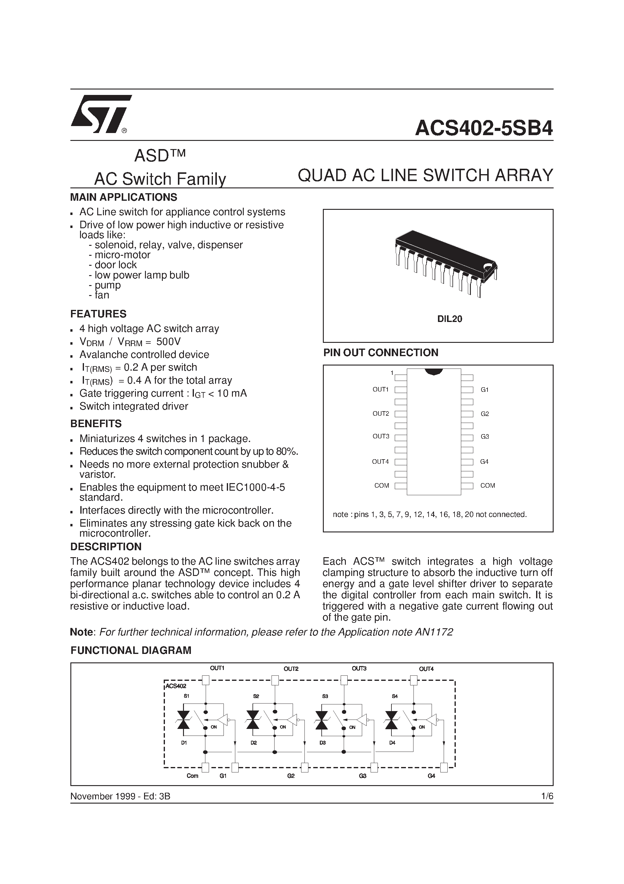 Даташит ACS402-5SB4 - QUAD AC LINE SWITCH ARRAY страница 1