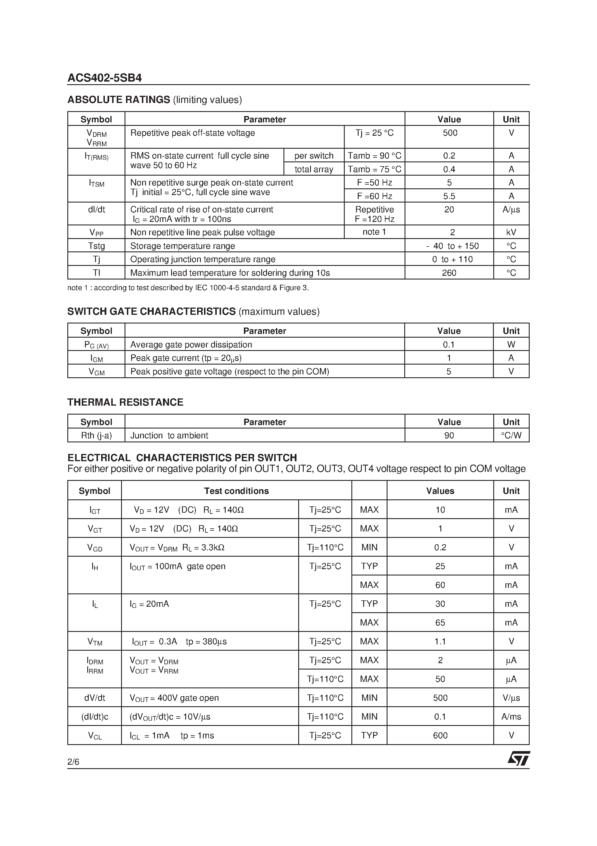 Даташит ACS402-5SB4 - QUAD AC LINE SWITCH ARRAY страница 2