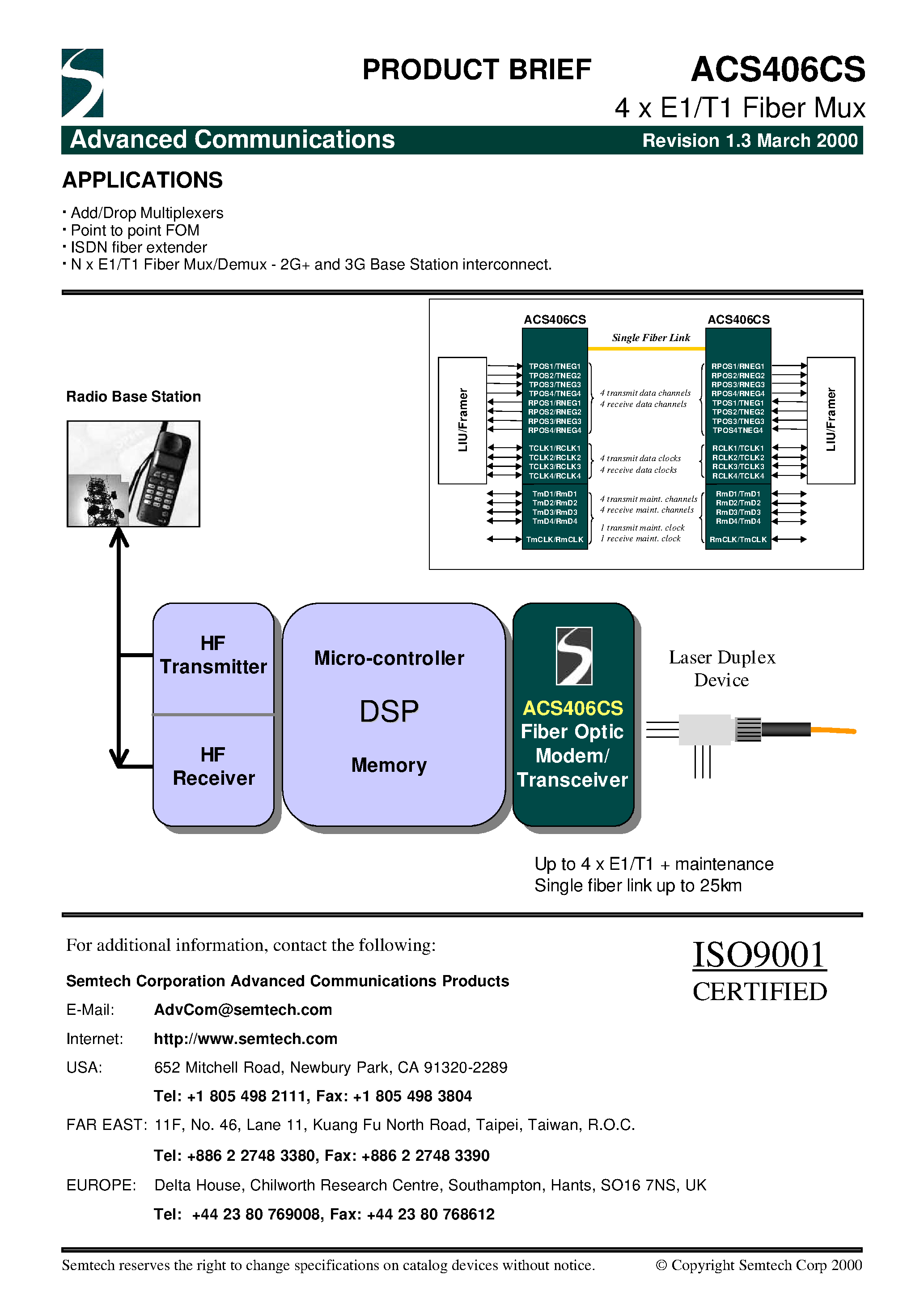 Datasheet ACS406CS - 4 x E1/T1 Fiber Mux/De-mux over One Fiber Optic Cable page 2