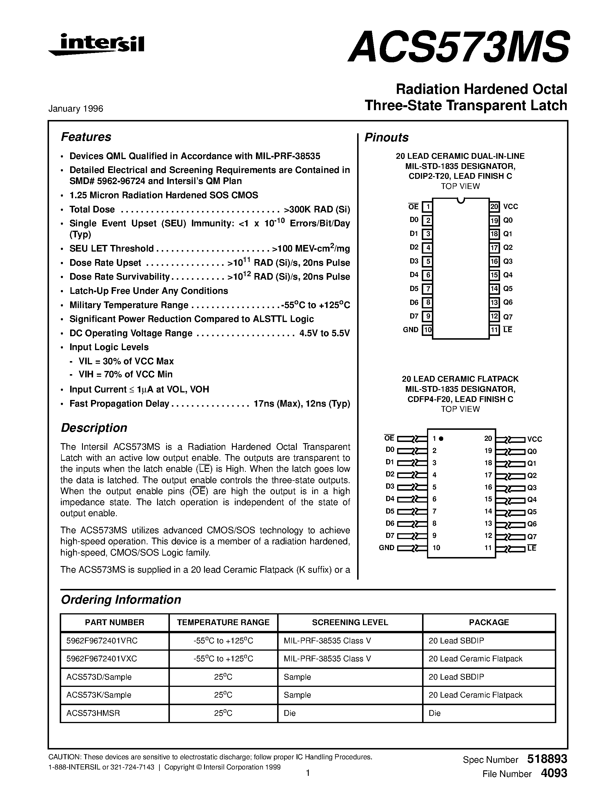 Datasheet ACS573K page 1 Datasheet ACS573K - Radiation Hardened Octal Three-State Transparent Latch page 1