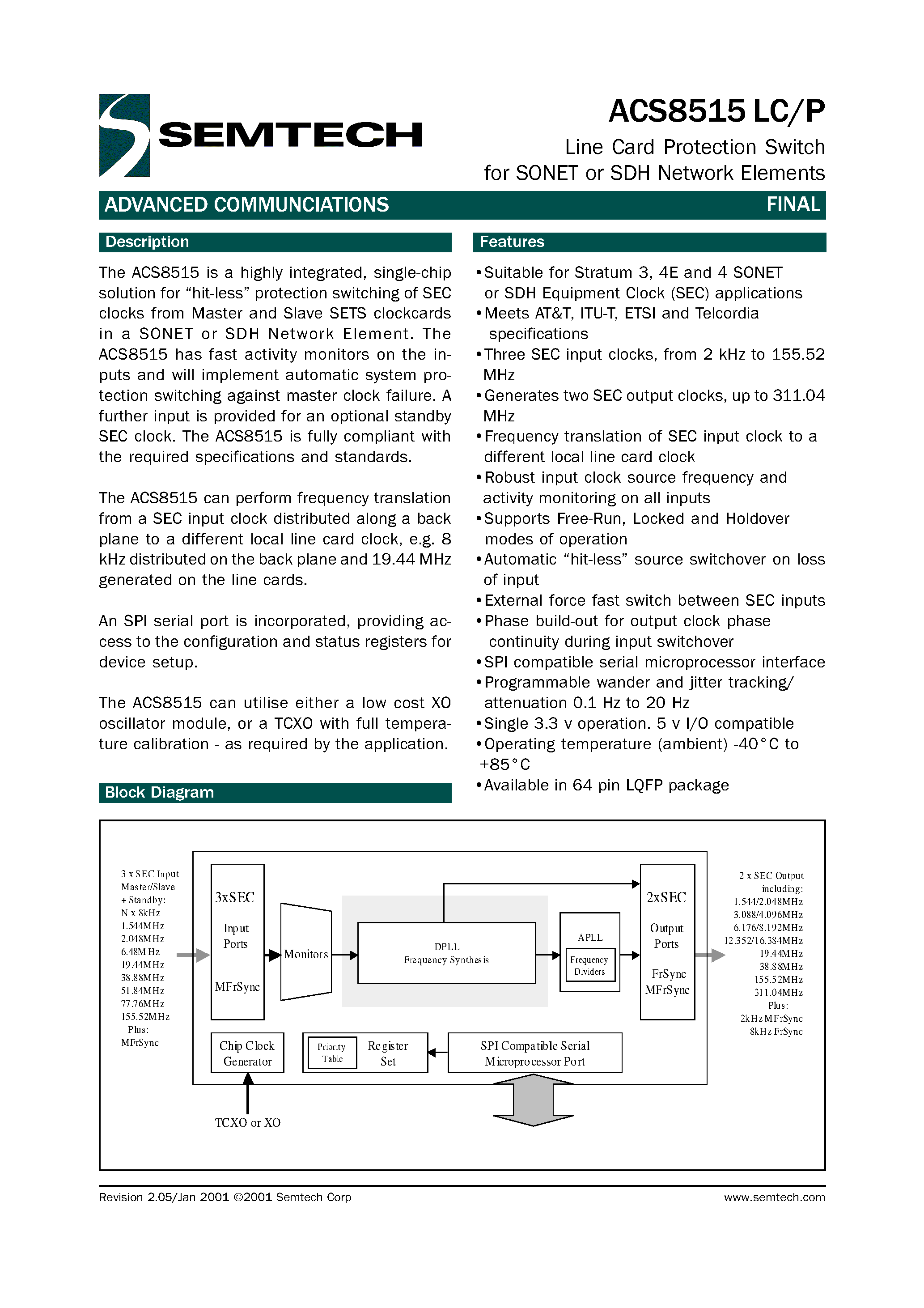 Даташит ACS8515P - Line Card Protection Switch for SONET or SDH Network Elements страница 1