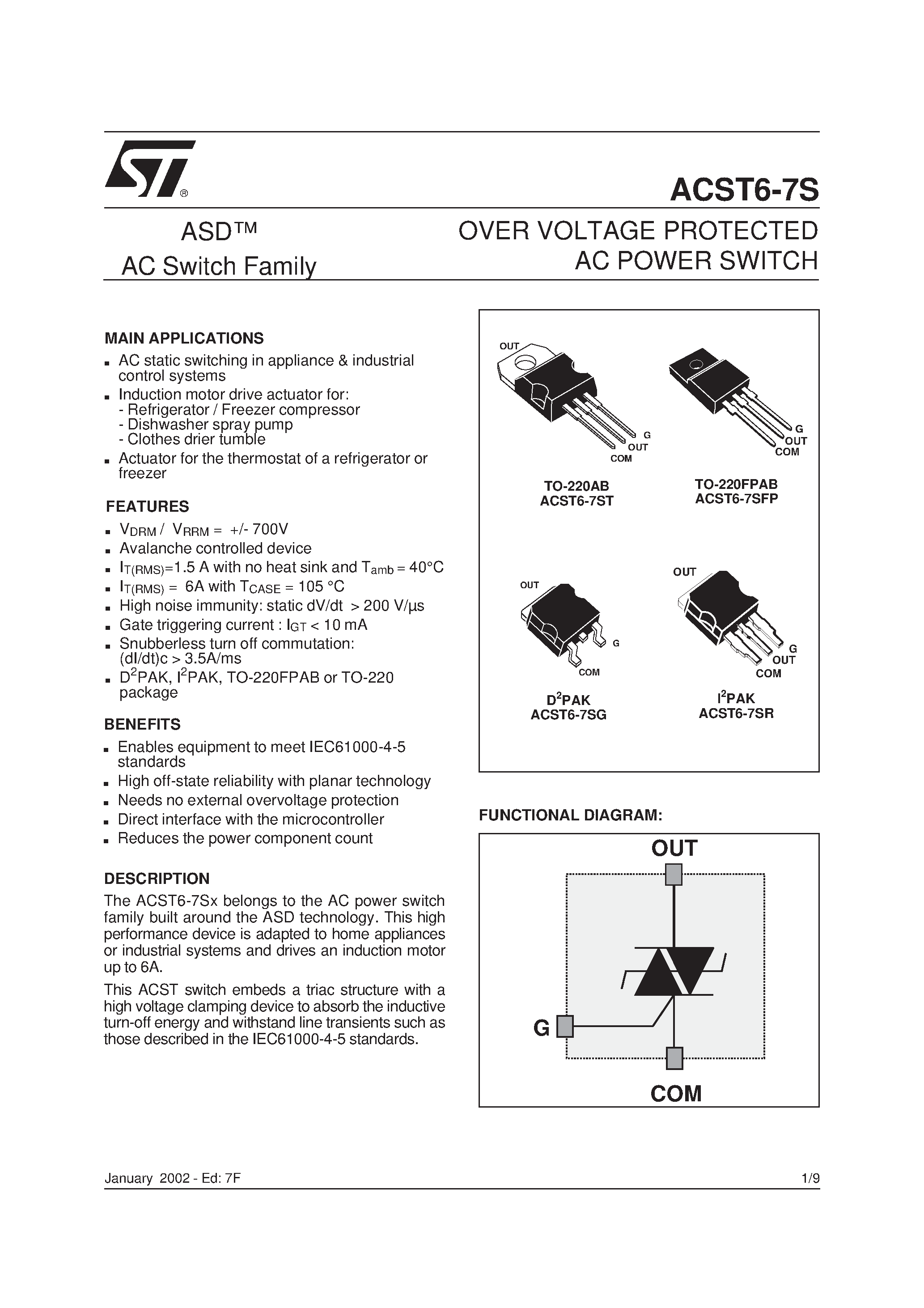 Даташит на микросхему ACST6-7ST страница 1 Даташит ACST6-7ST - OVER VOLTAGE PROTECTED AC POWER SWITCH страница 1