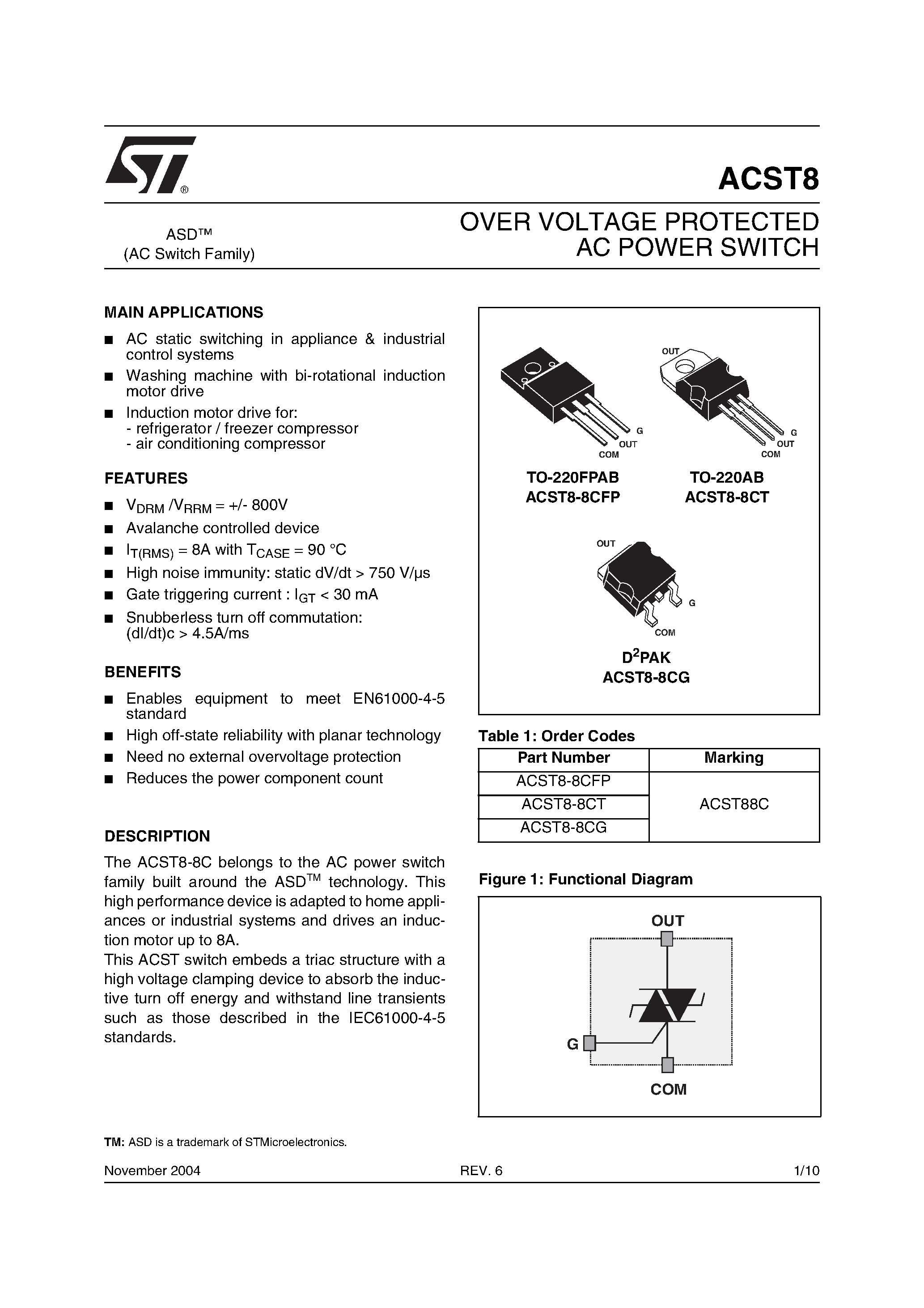Даташит на микросхему ACST8-8CG страница 1 Даташит ACST8-8CG - OVER VOLTAGE PROTECTED AC POWER SWITCH страница 1