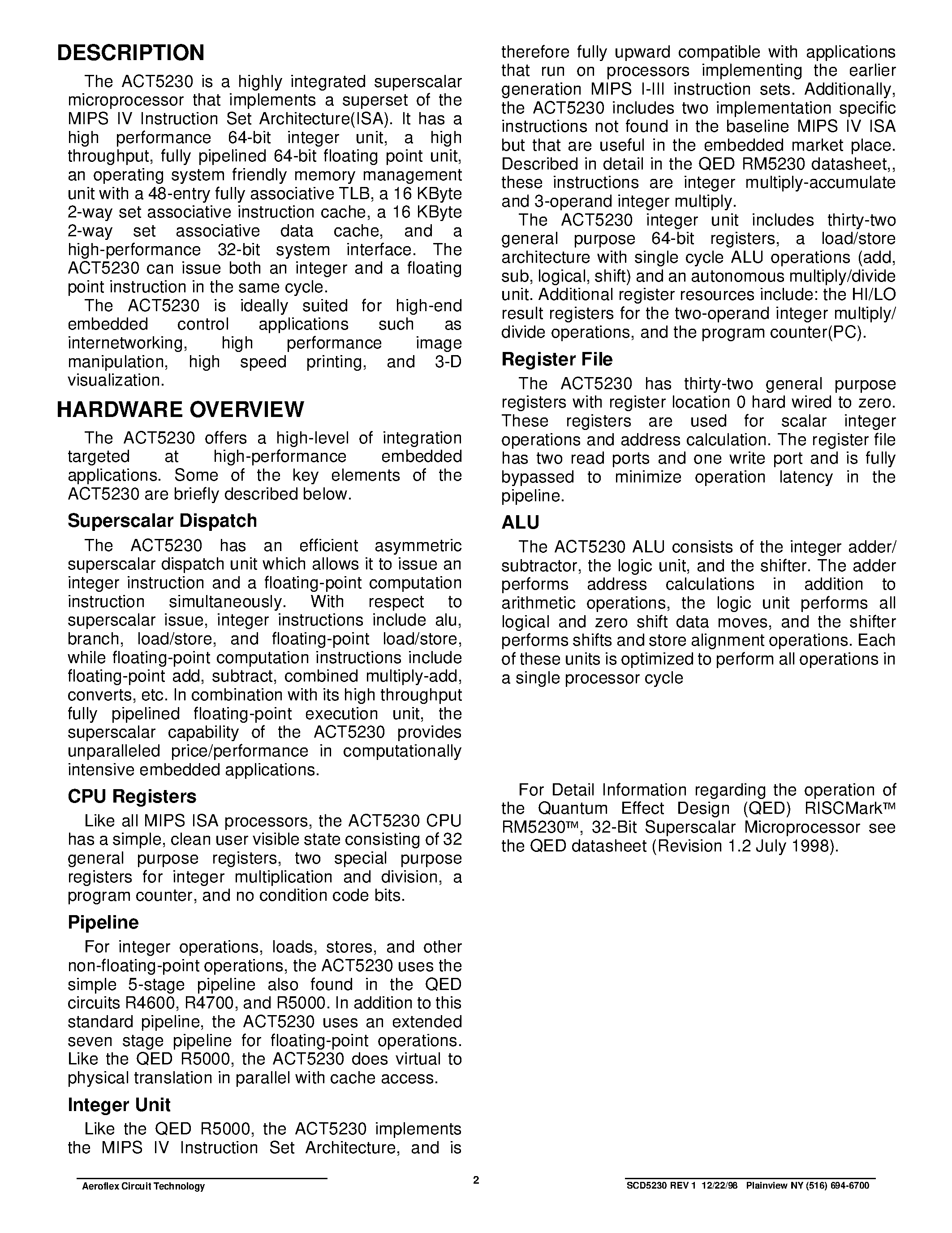 Datasheet ACT-5230PC-133F22M page 2 Datasheet ACT-5230PC-133F22M - ACT5230 32-Bit Superscaler Microprocessor page 2