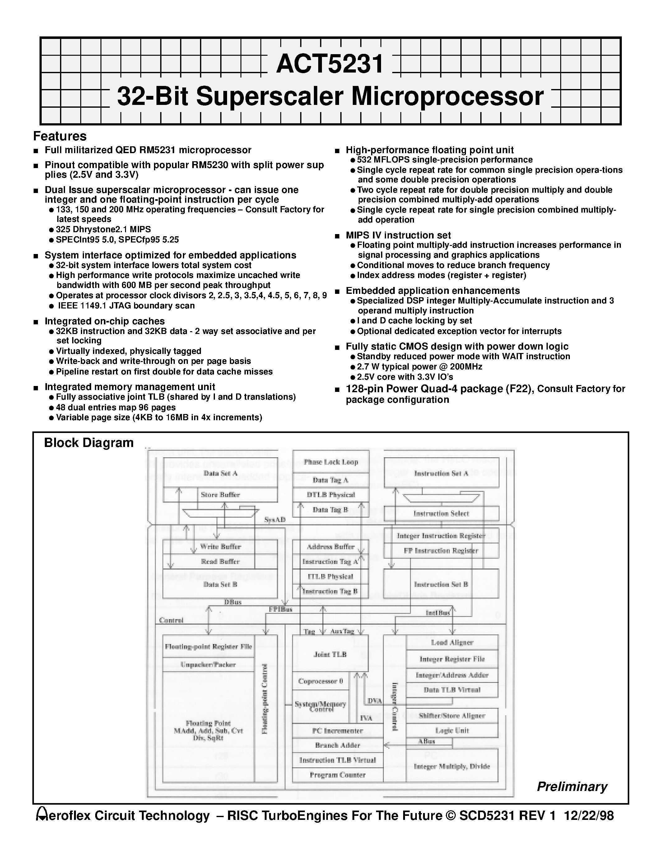 Datasheet ACT-5231PC-200F22C page 1 Datasheet ACT-5231PC-200F22C - ACT5231 32-Bit Superscaler Microprocessor page 1