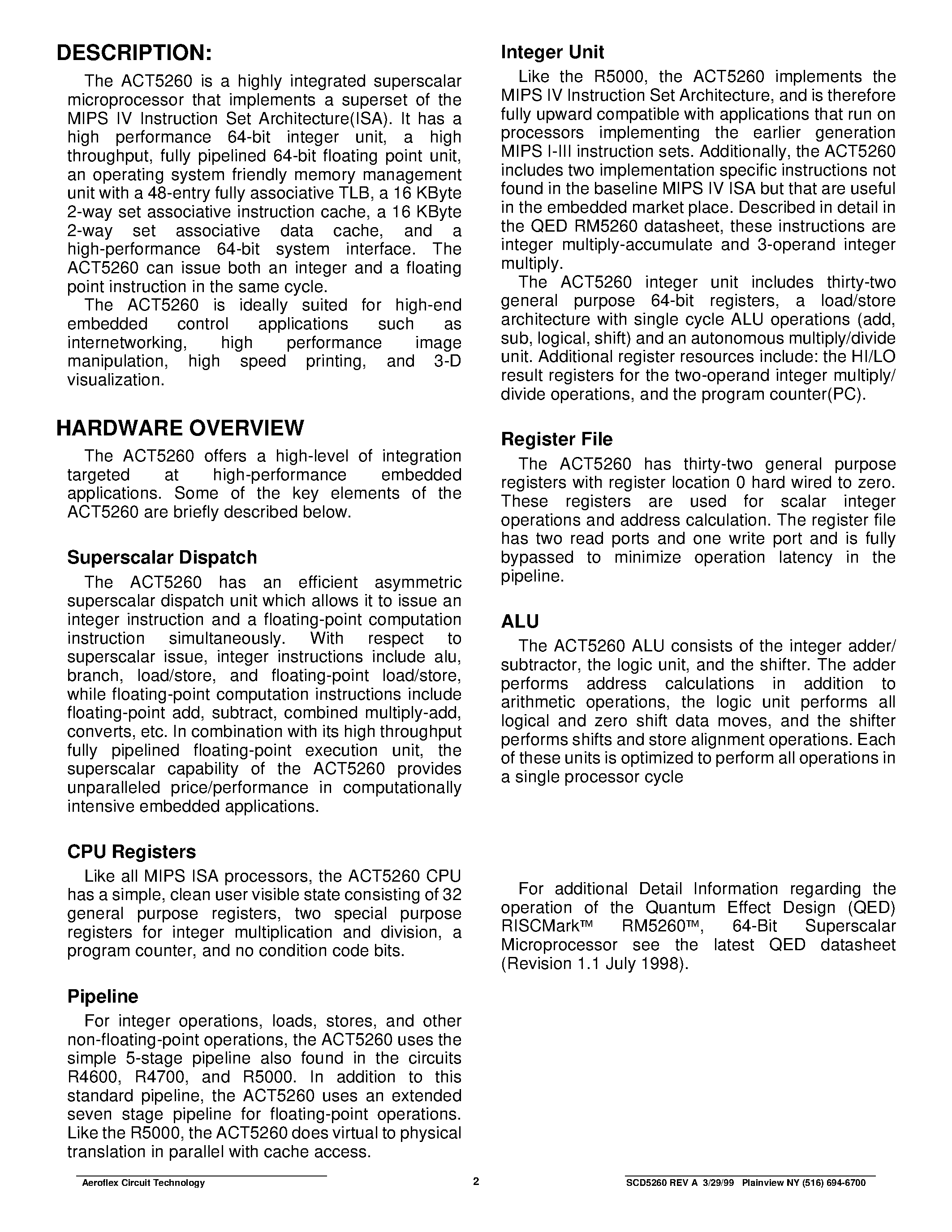 Datasheet ACT-5260PC-100P10C - ACT5260 64-Bit Superscaler Microprocessor page 2