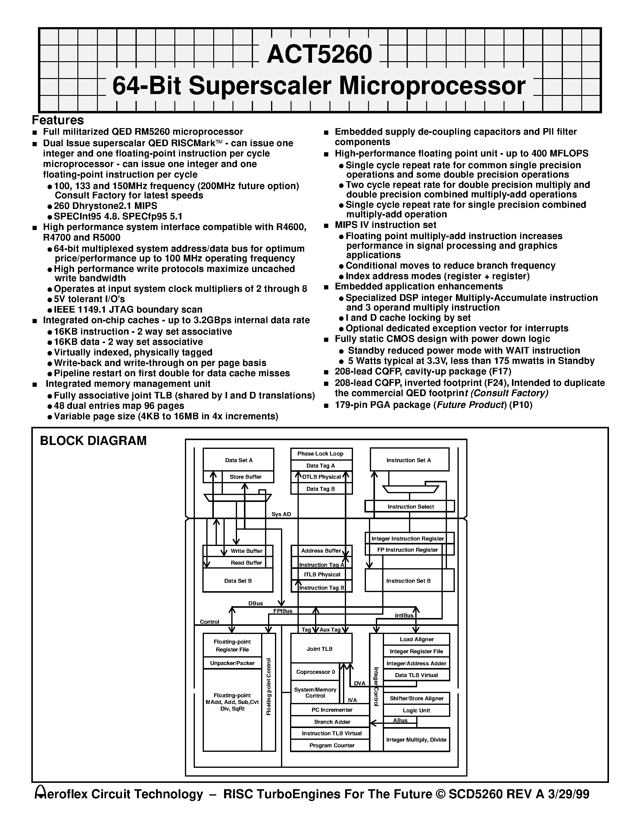 Datasheet ACT-5260PC-133F17M page 1 Datasheet ACT-5260PC-133F17M - ACT5260 64-Bit Superscaler Microprocessor page 1