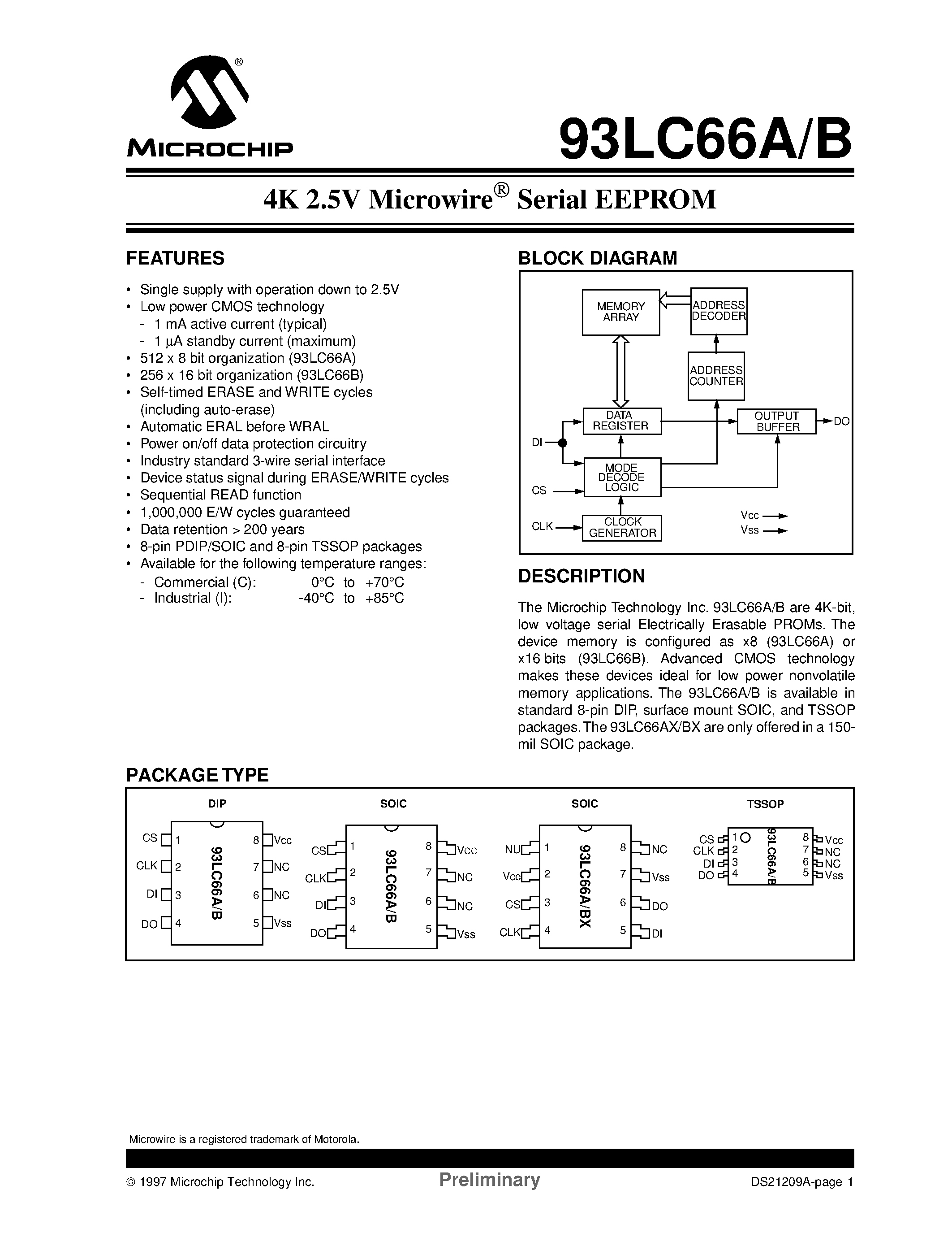 Datasheet 93LCS56-IP - 2K/4K 2.5V Microwire Serial EEPROM with Software Write Protect page 1
