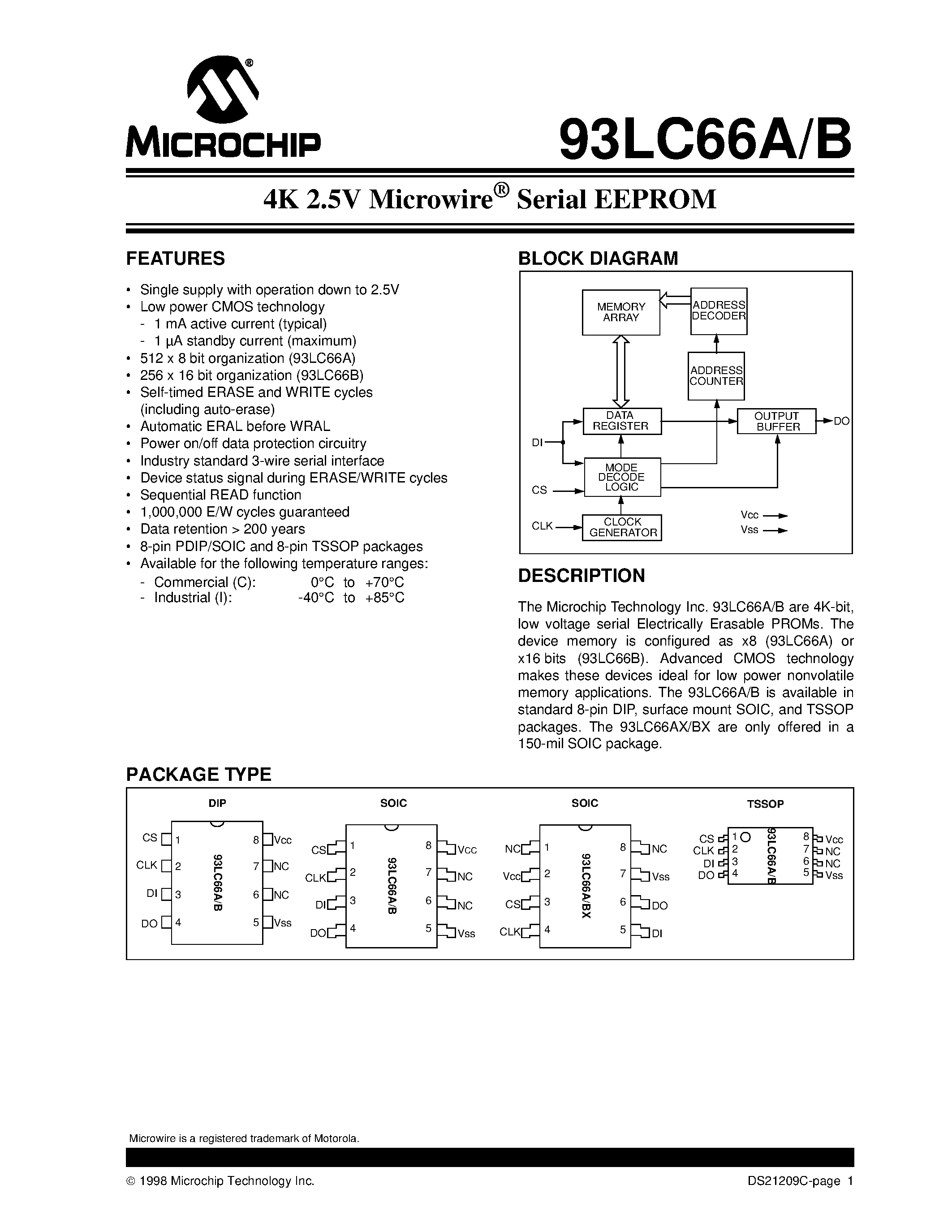 Datasheet 93LCS66-ISN - 2K/4K 2.5V Microwire Serial EEPROM with Software Write Protect page 1