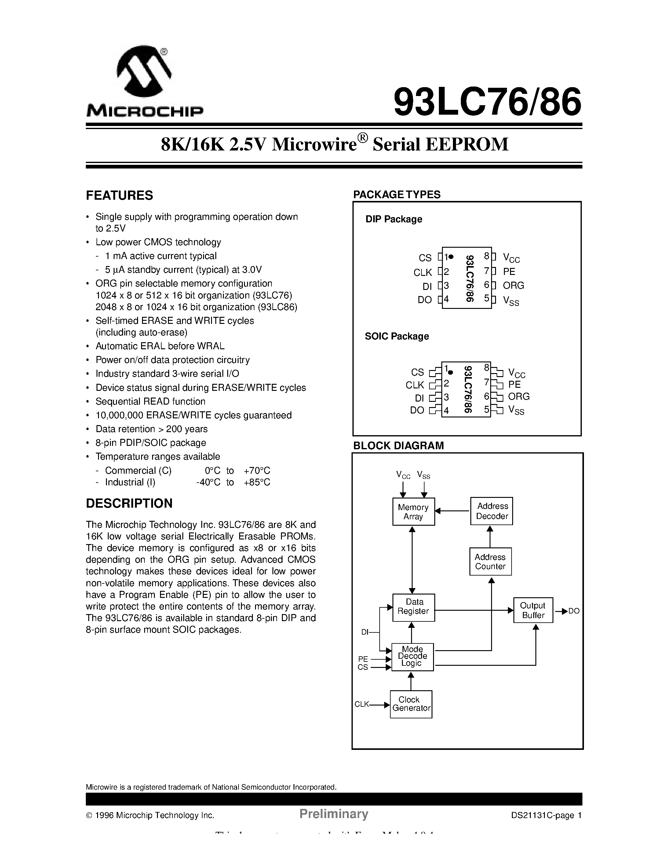 Datasheet 93LC66B-IP - 4K 2.5V Microwire Serial EEPROM page 1