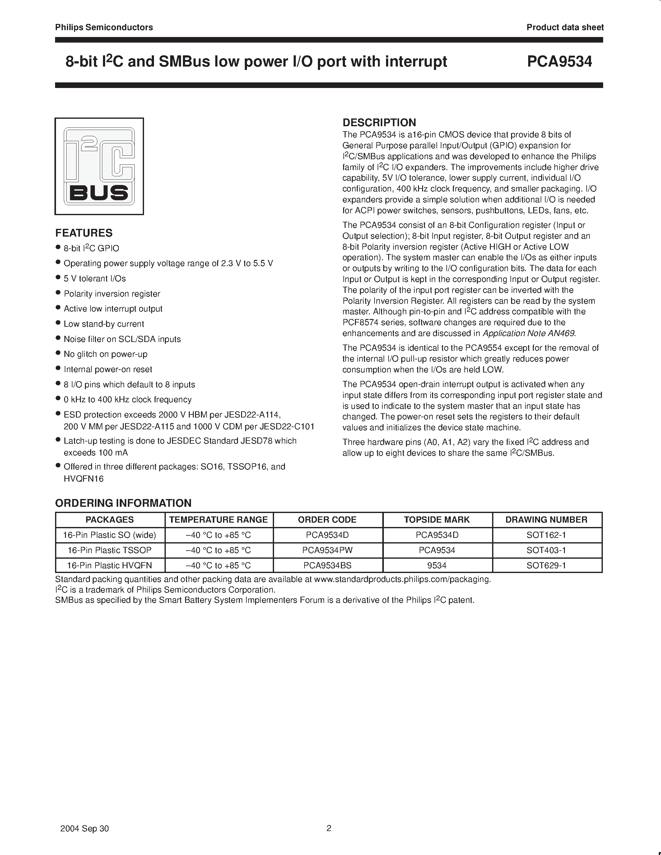 Datasheet 9534 - 8-bit I2C and SMBus/ low power I/O port with interrupt page 2