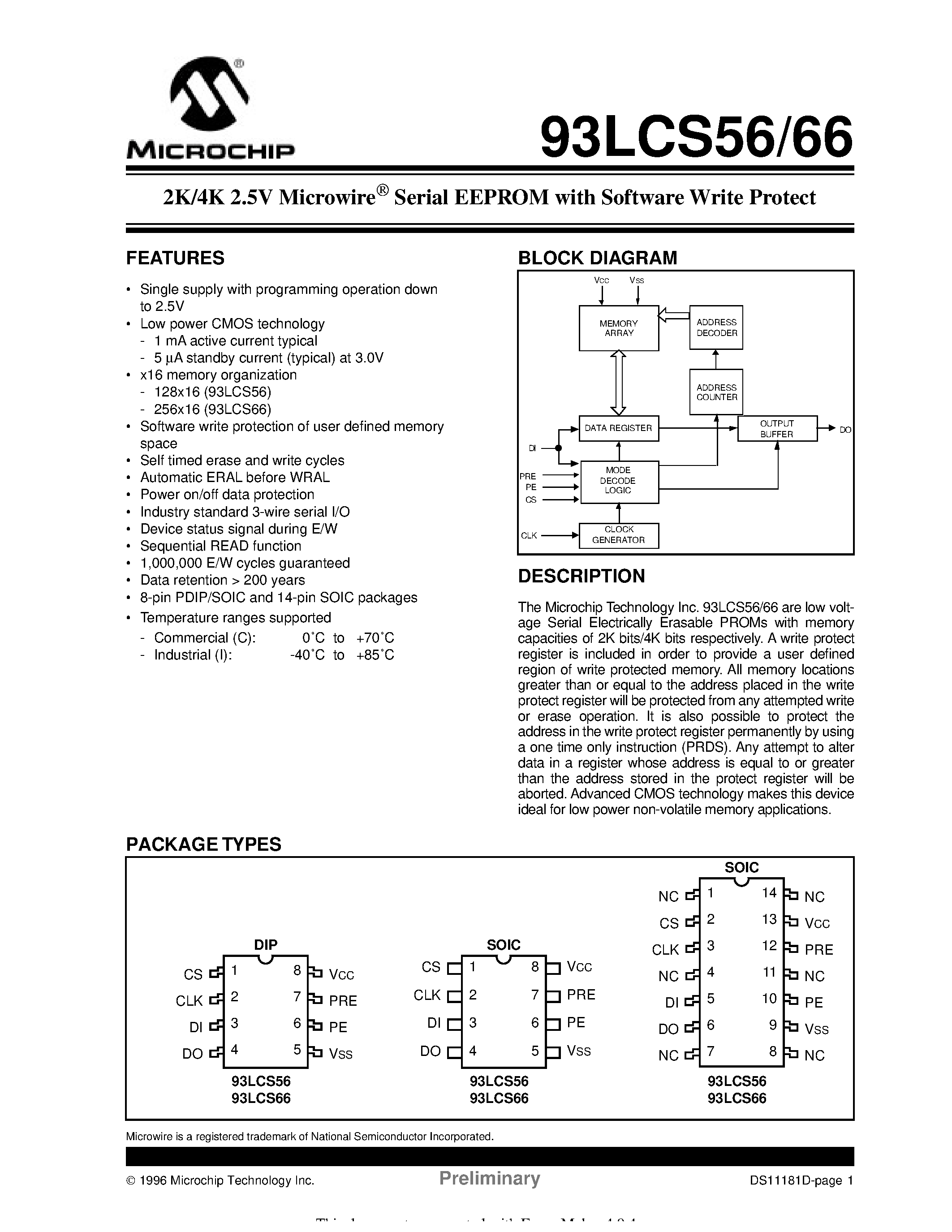 Datasheet 93LC66B-IST - 4K 2.5V Microwire Serial EEPROM page 1