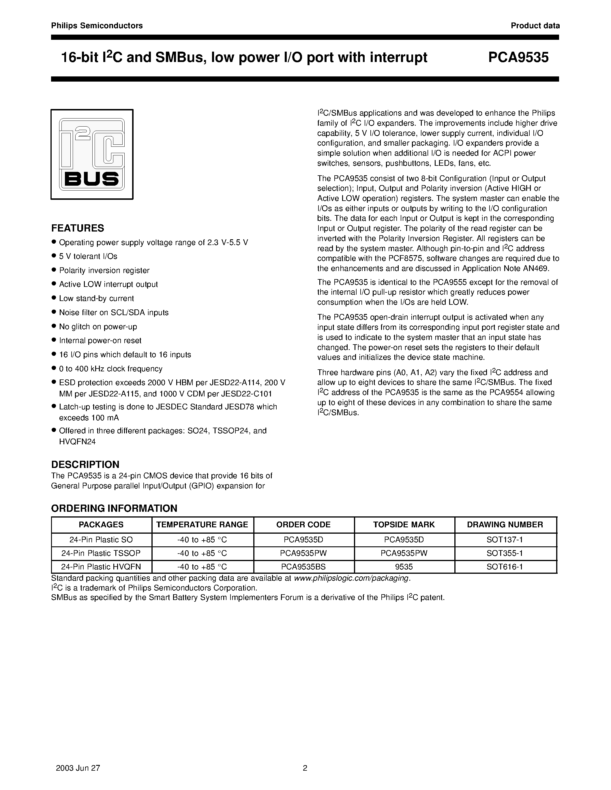 Datasheet 9535 page 2 Datasheet 9535 - 16-bit I2C and SMBus/ low power I/O port with interrupt page 2