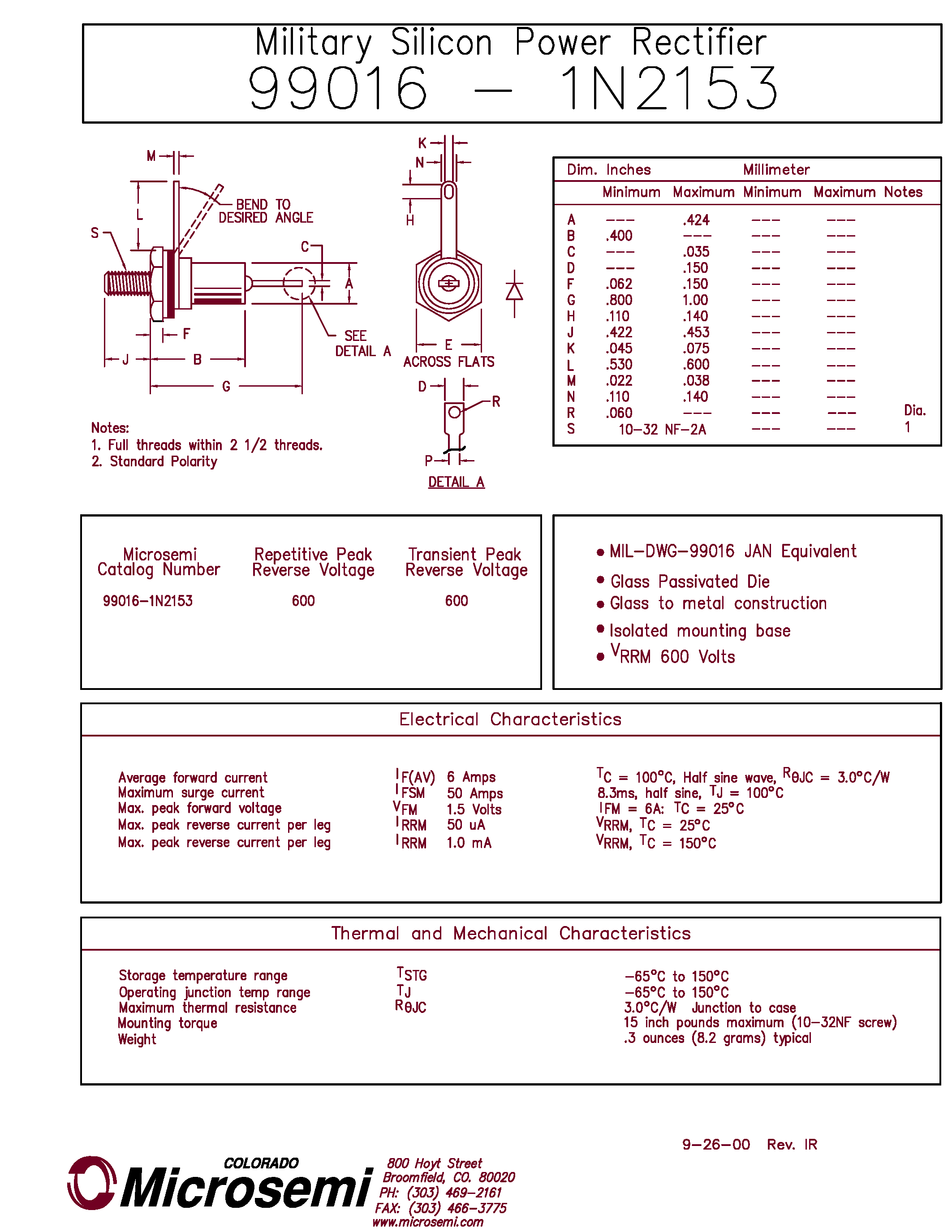 Datasheet 99016-1N2153 - Military Silicon Power Rectifier page 1