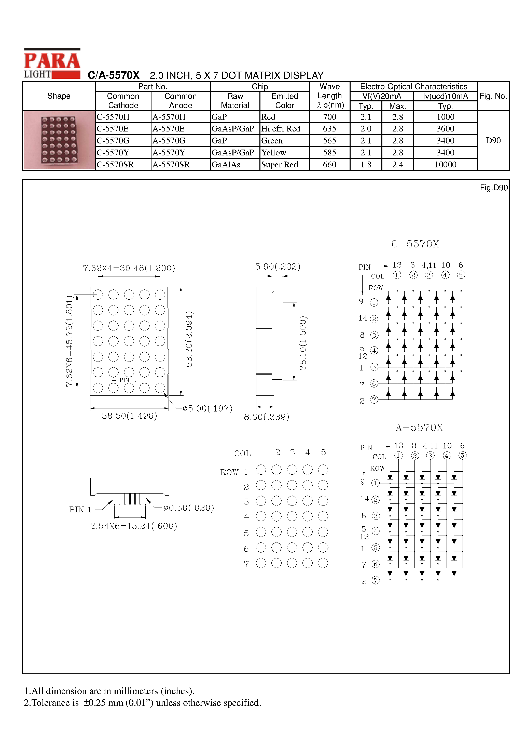 Datasheet A-5570E - 2.0 INCH/ 5 X 7 DOT MATRIX DISPLAY page 1