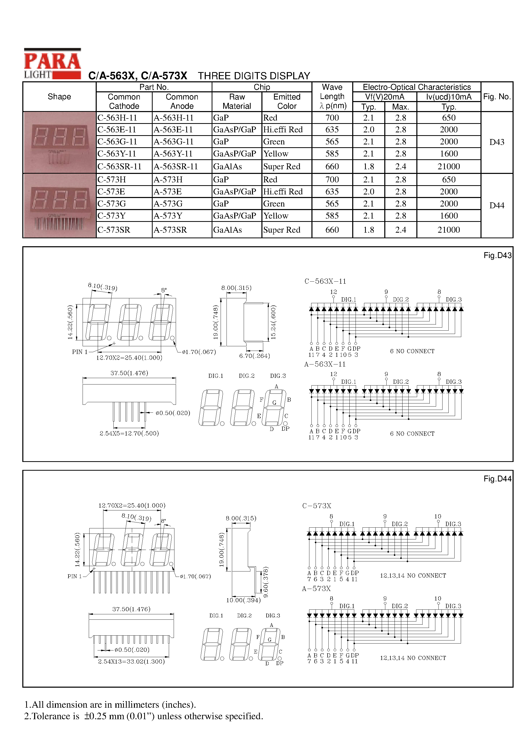 Datasheet A-563E-11 - THREE DIGITS DISPLAY page 1