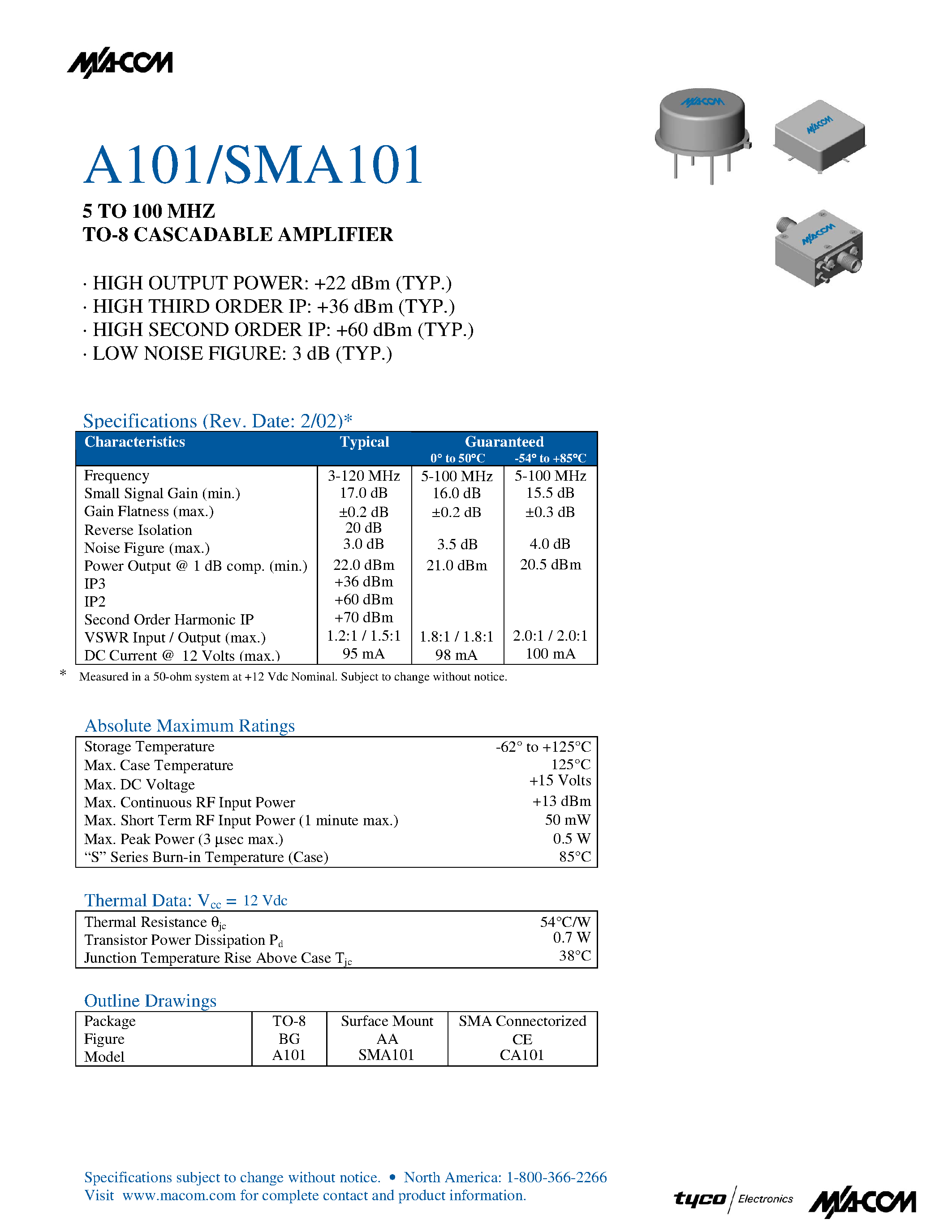 Datasheet A101 - 5 TO 100 MHZ TO-8 CASCADABLE AMPLIFIER page 1