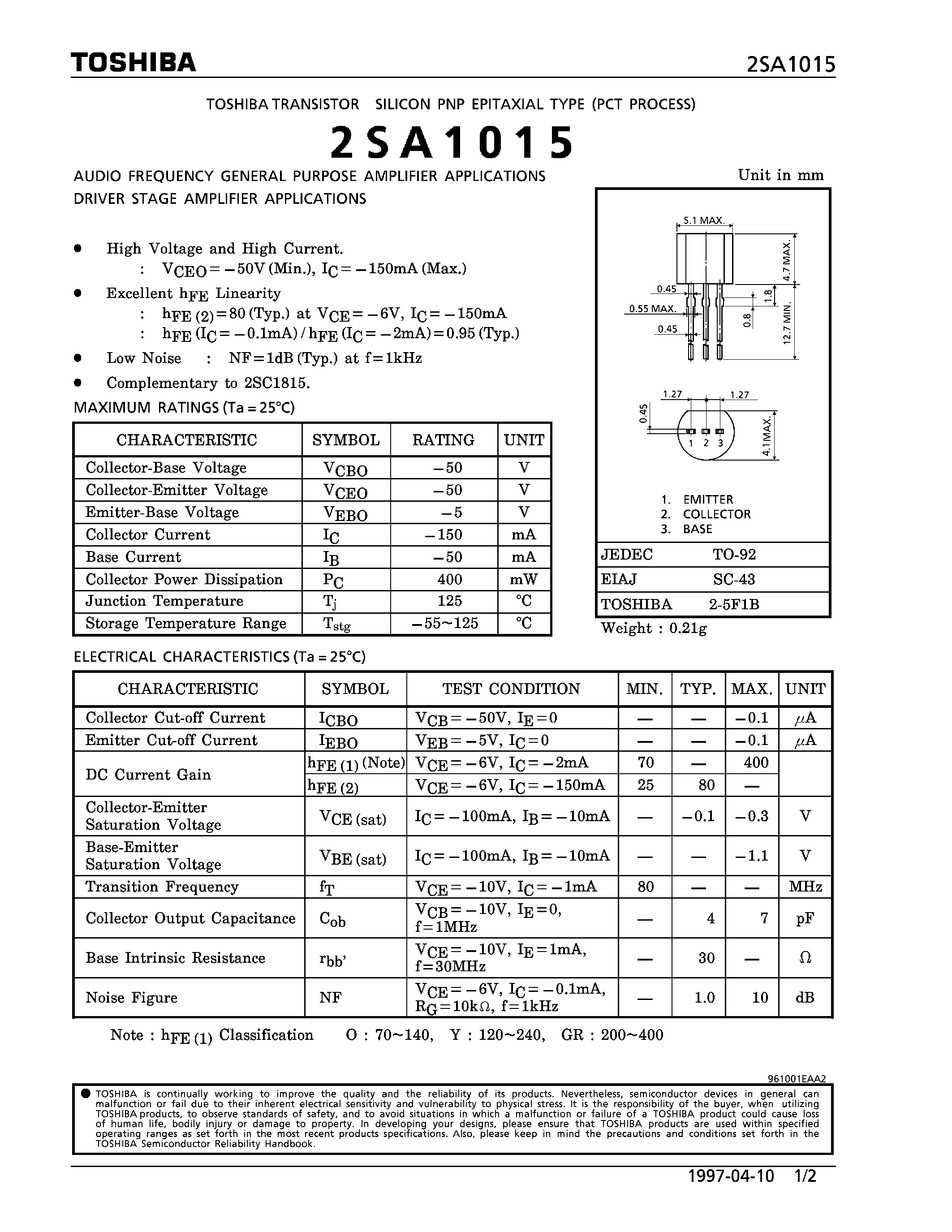 Даташит на микросхему A1015 страница 1 Даташит A1015 - PNP EPITAXIAL TYPE(AUDIO FREQUENCY GENERAL PURPOSE AMPLIFIER/ DRIVER STAGE AMPLIFIER) страница 1