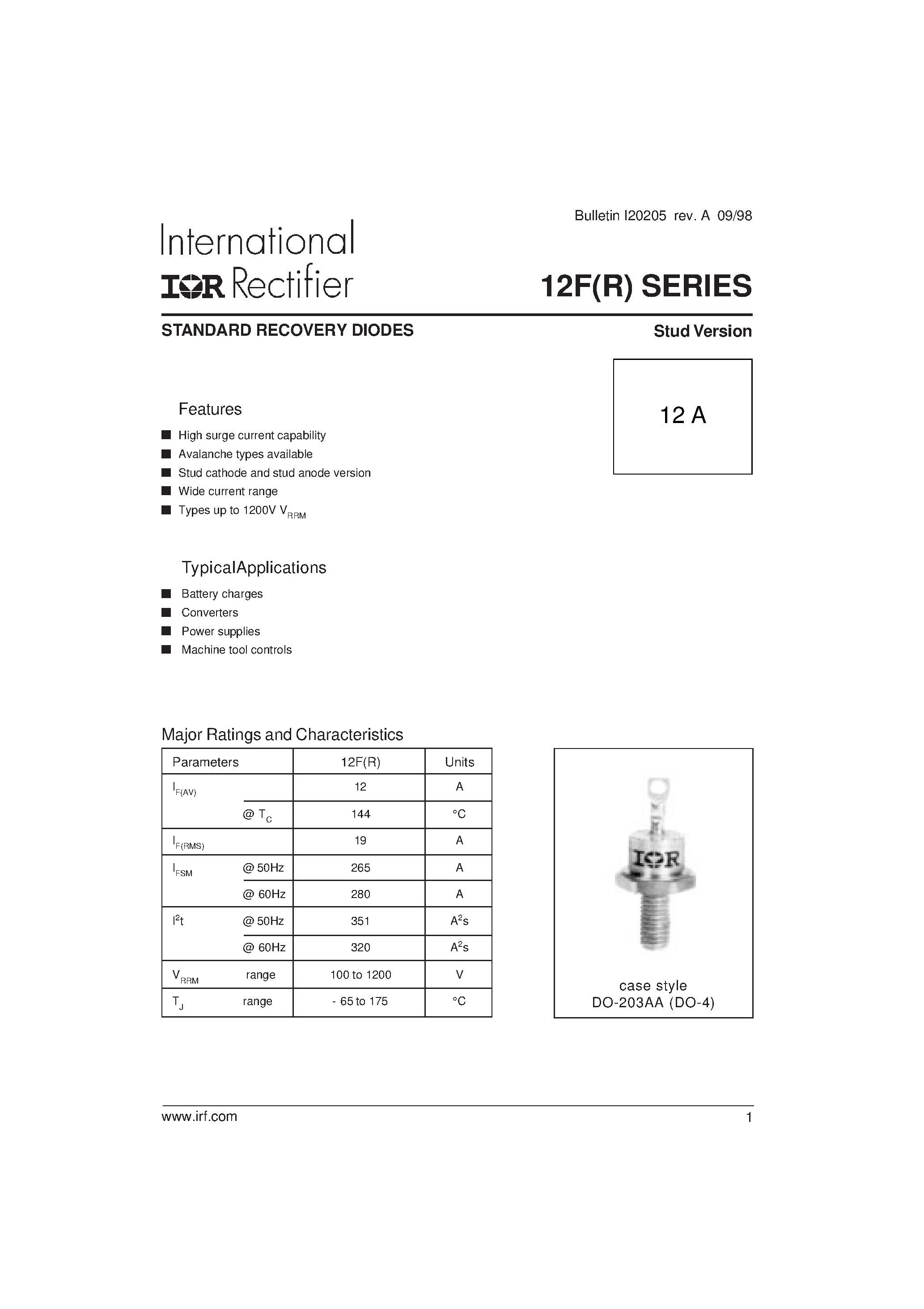 Даташит A12F10 - STANDARD RECOVERY DIODES страница 1