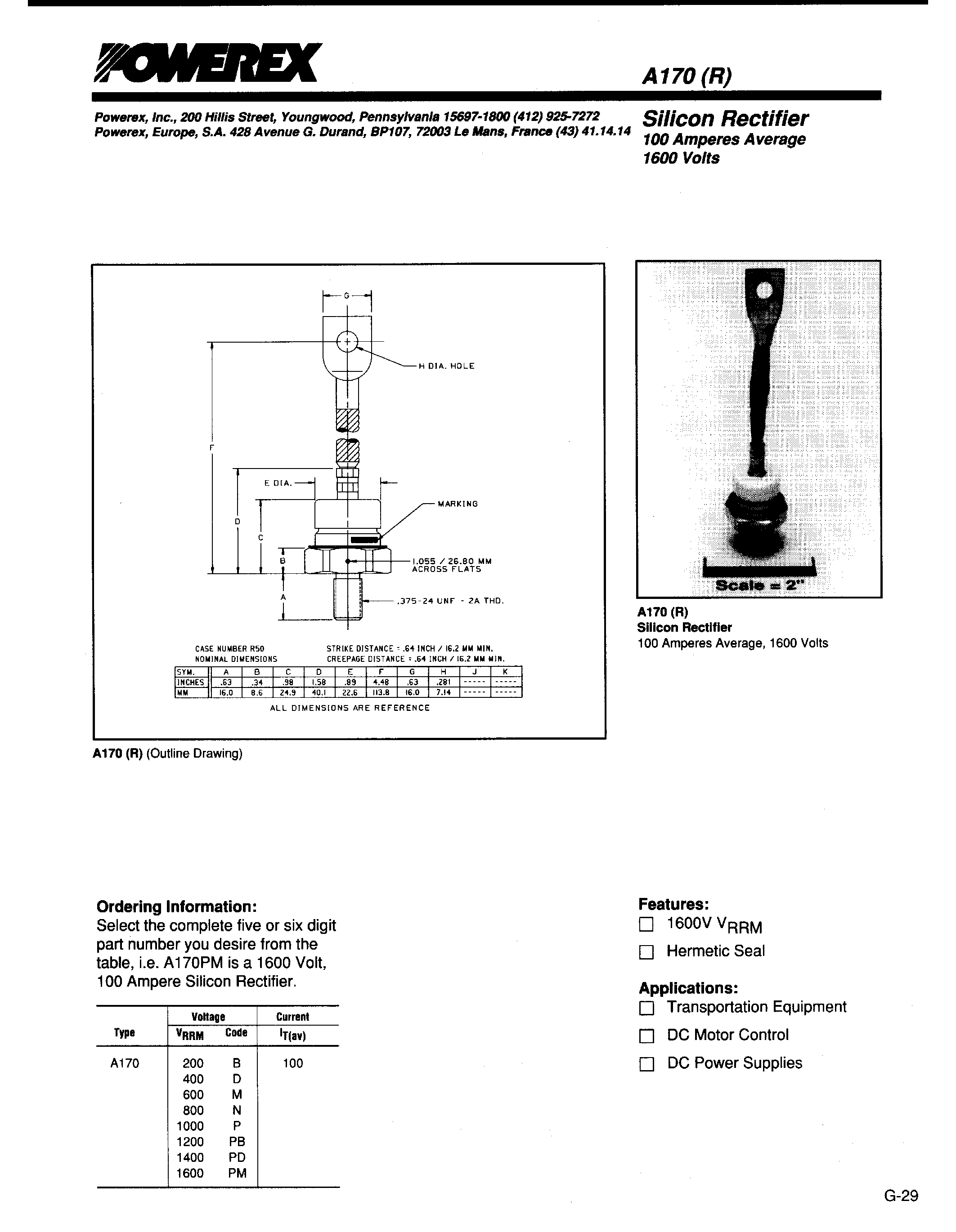 Datasheet A170 page 1 Datasheet A170 - SILICON RECTIFIER page 1