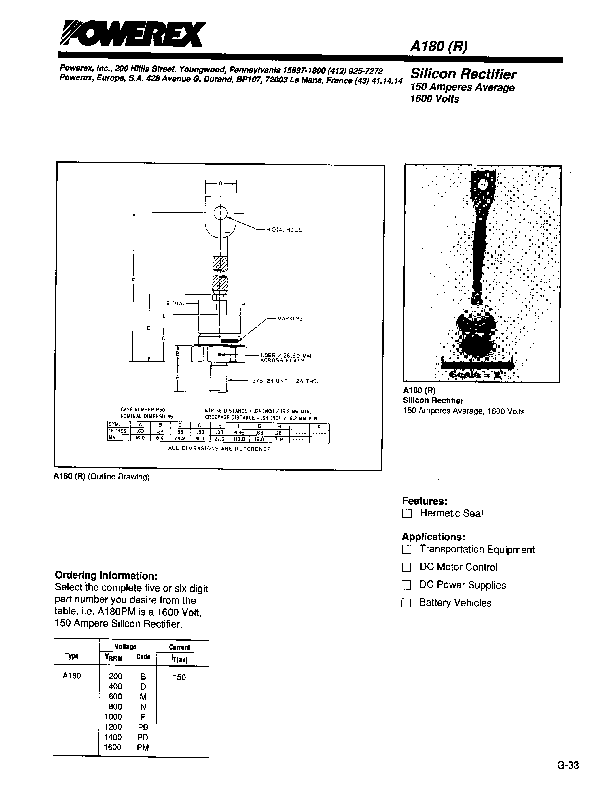 Datasheet A180 page 1 Datasheet A180 - SILICON RECTIFIER page 1