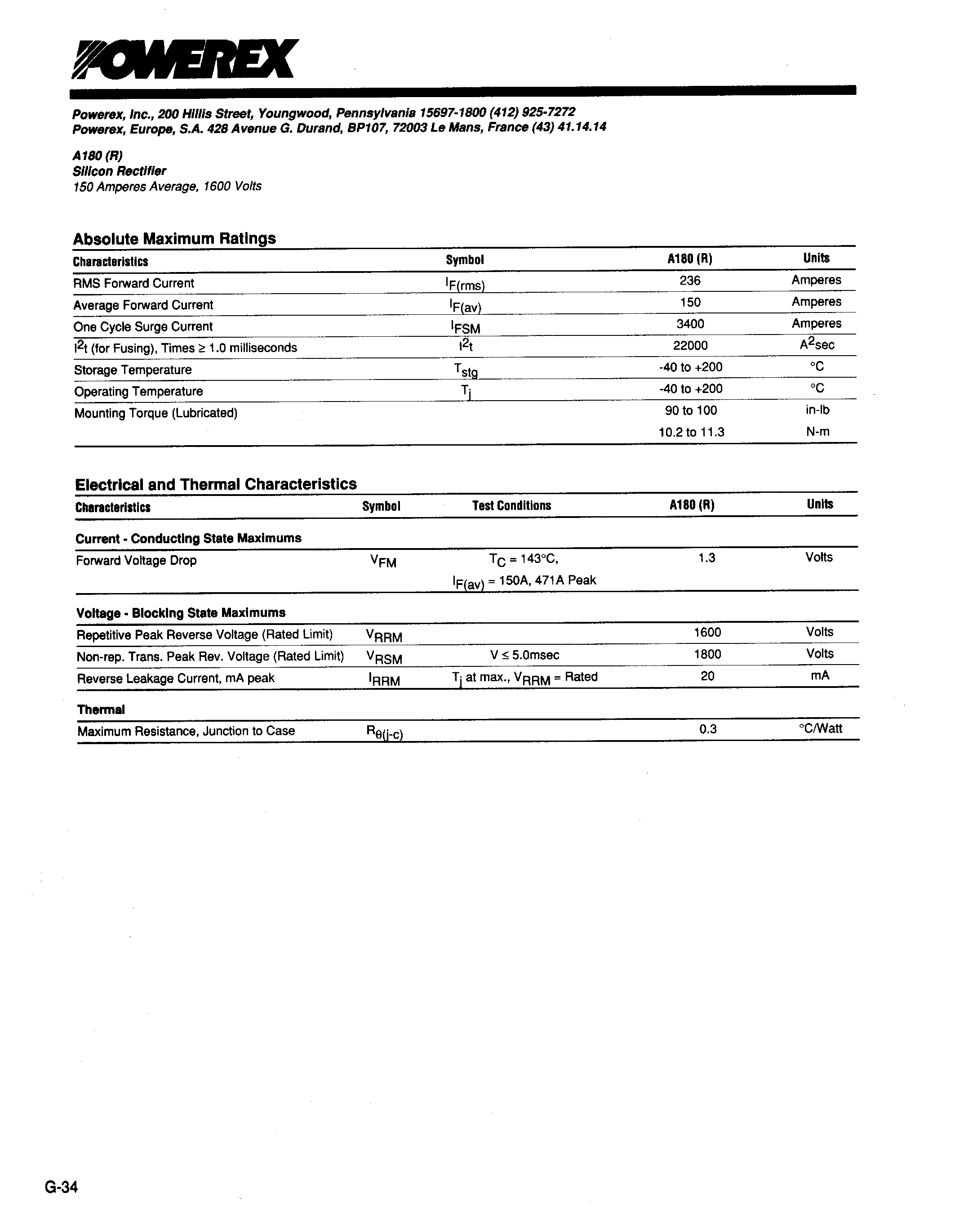 Datasheet A180R page 2 Datasheet A180R - SILICON RECTIFIER page 2