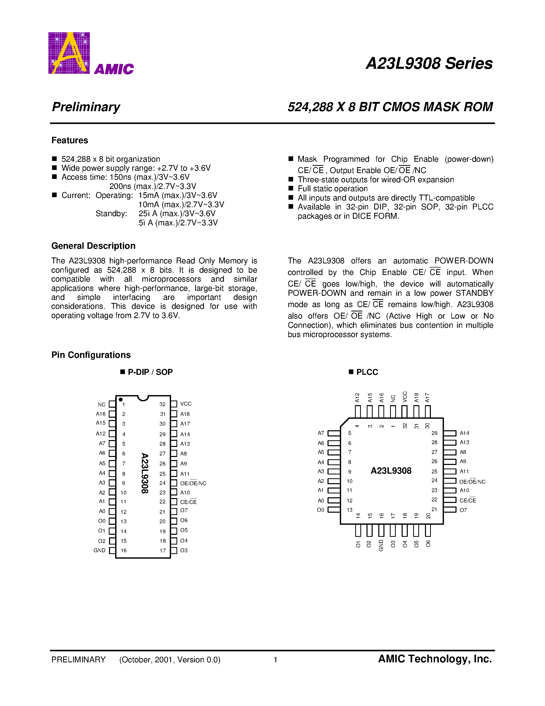 Даташит на микросхему A23L9308L-15 страница 2 Даташит A23L9308L-15 - 524/288 X 8 BIT CMOS MASK ROM страница 2