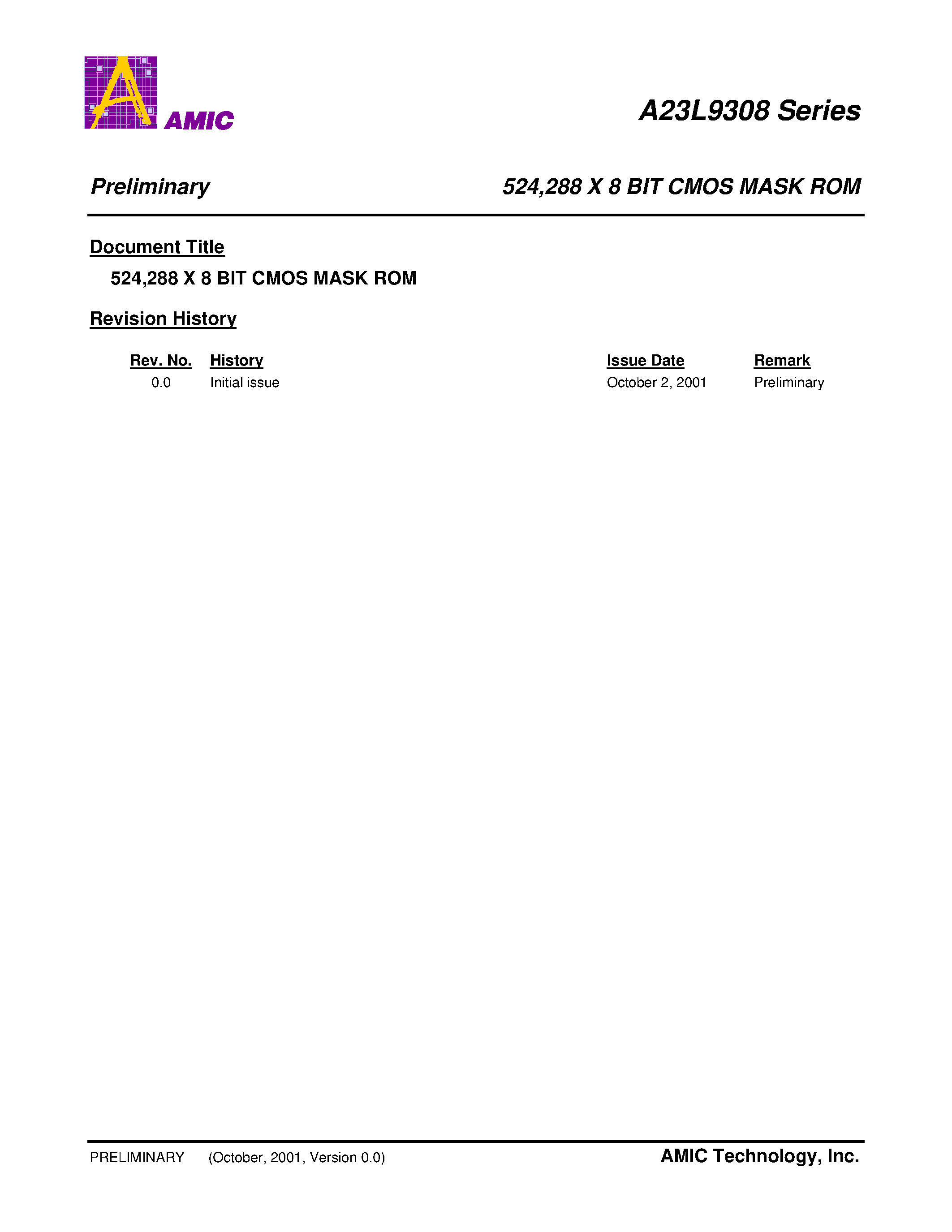 Datasheet A23L9308M-15 - 524/288 X 8 BIT CMOS MASK ROM page 1