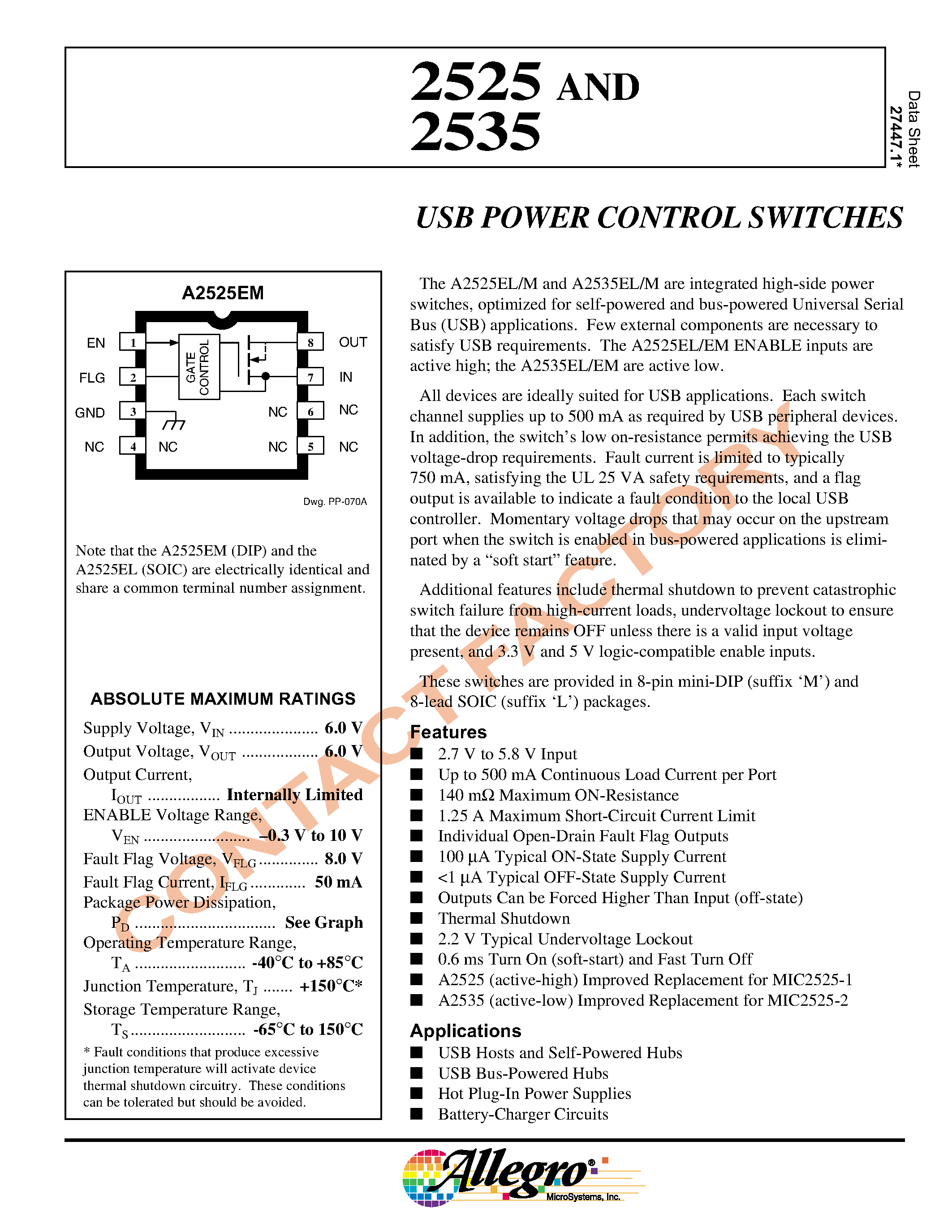 Datasheet A2525EM - USB POWER CONTROL SWITCHES page 1